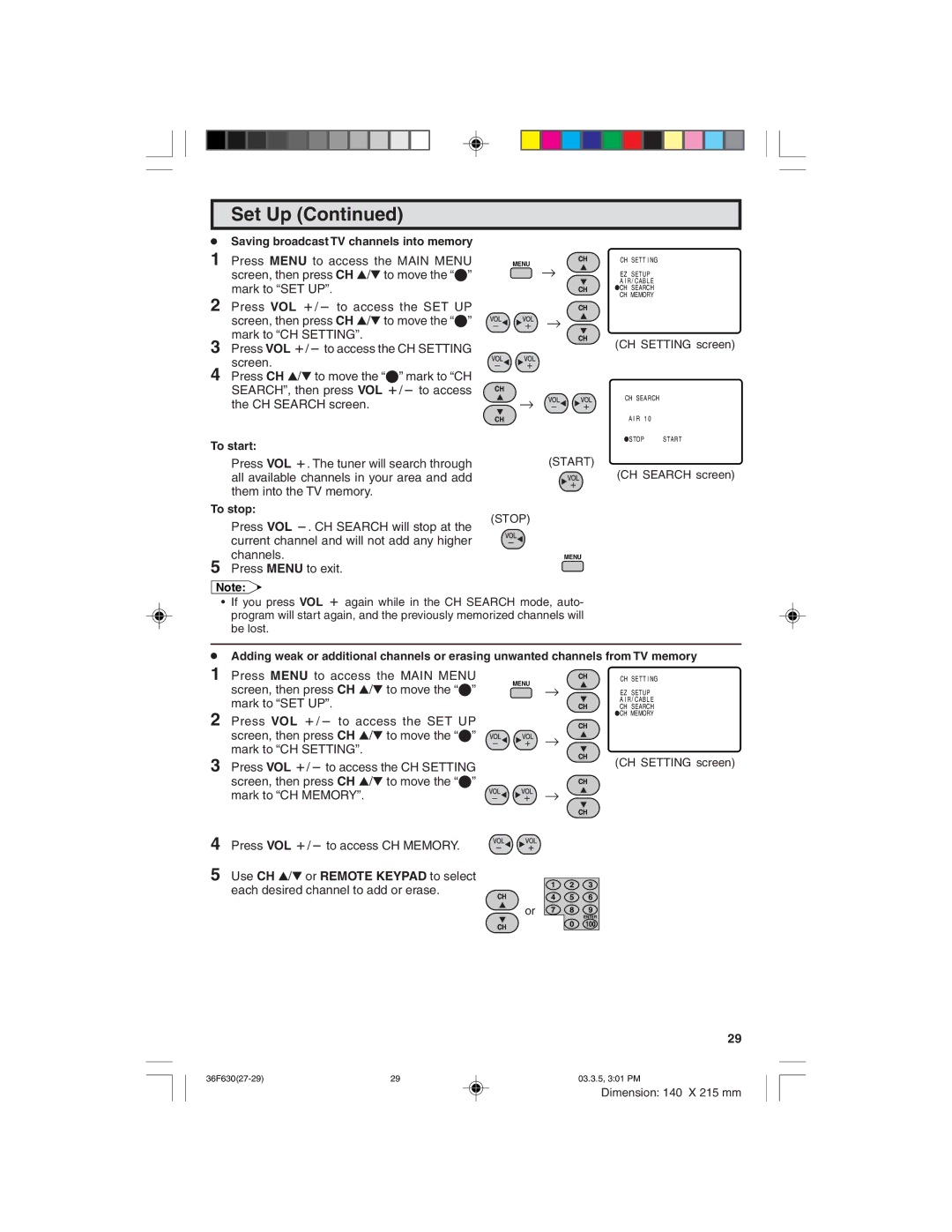 Sharp 36F630 operation manual CH Search screen, Saving broadcast TV channels into memory, To start, To stop 