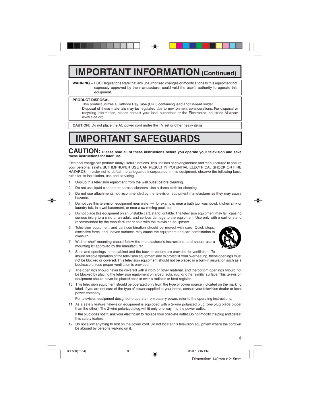 Sharp 36F630 operation manual Important Safeguards 