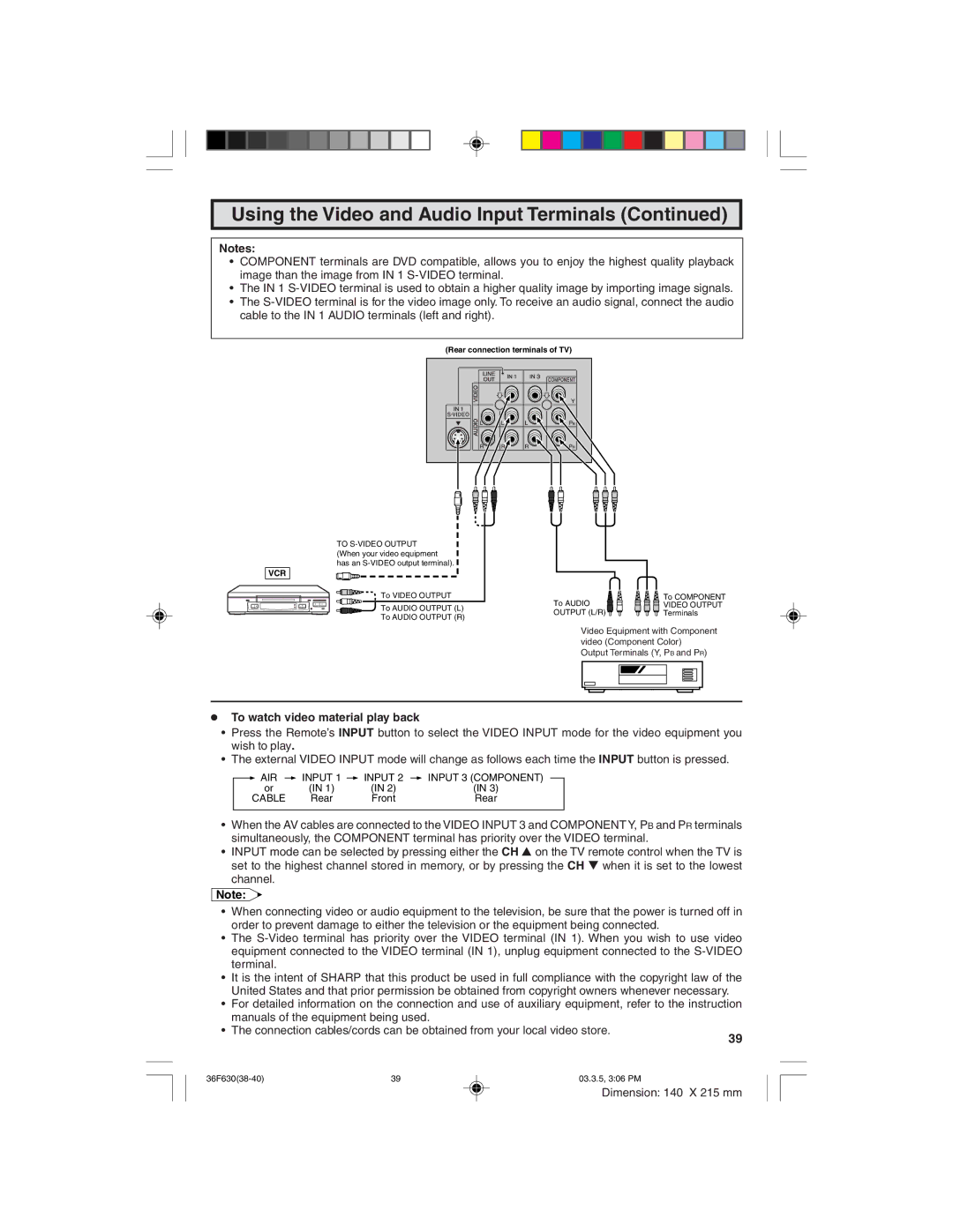 Sharp 36F630 operation manual To watch video material play back, Vcr 