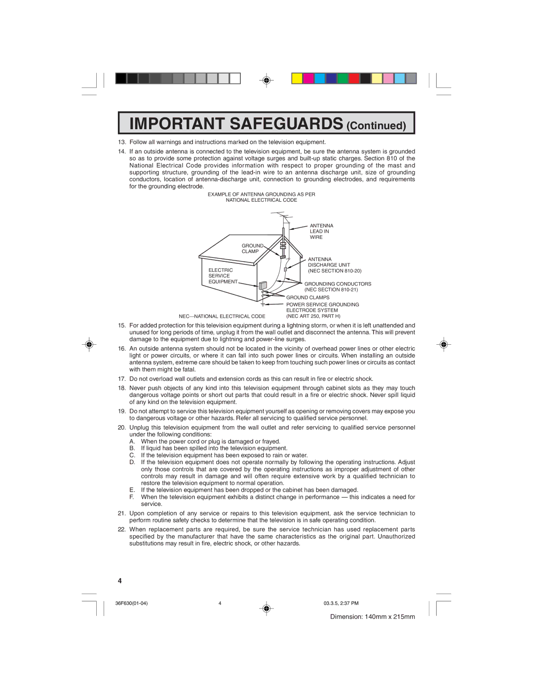 Sharp 36F630 operation manual Important Safeguards 