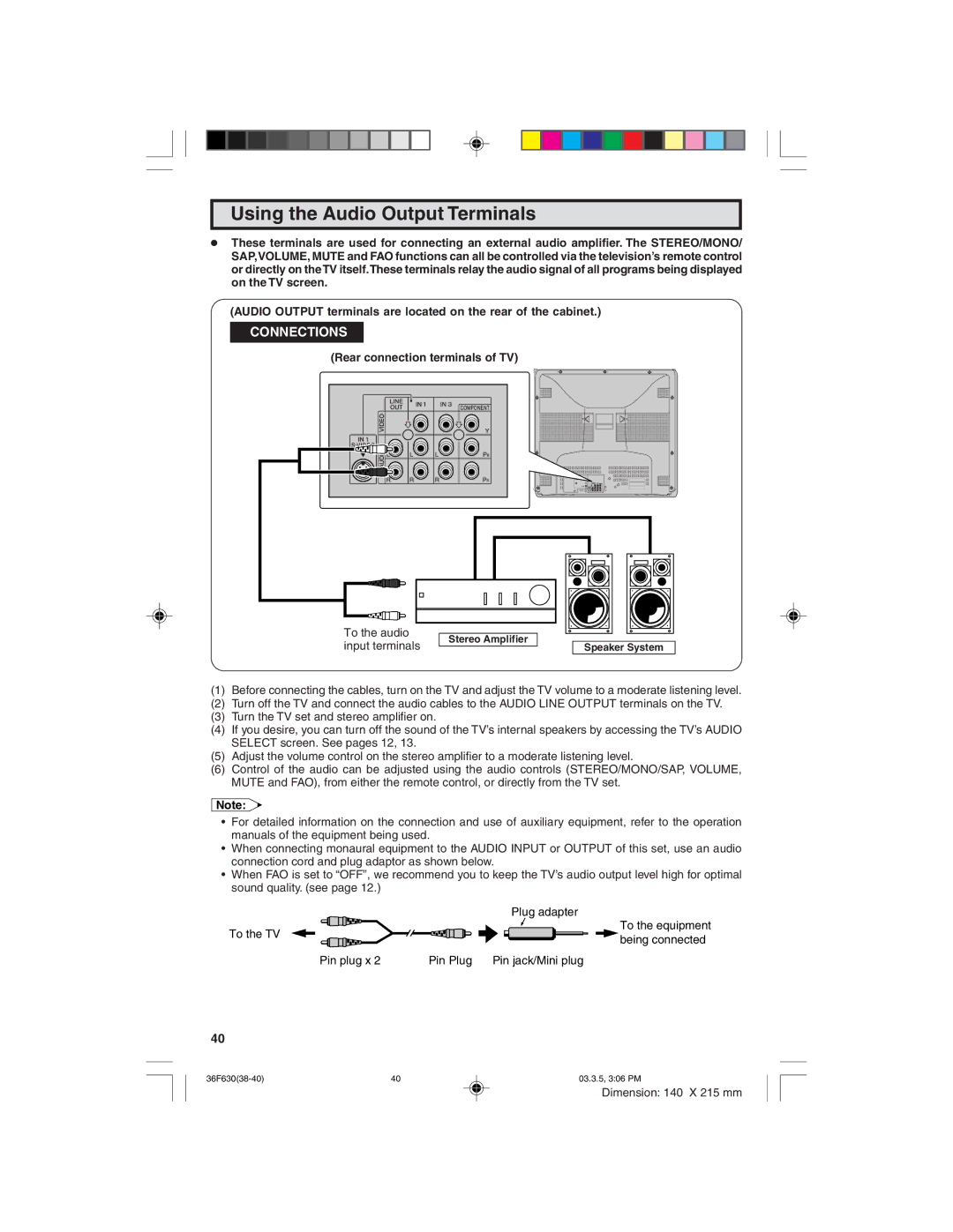 Sharp 36F630 operation manual Using the Audio Output Terminals, Rear connection terminals of TV 