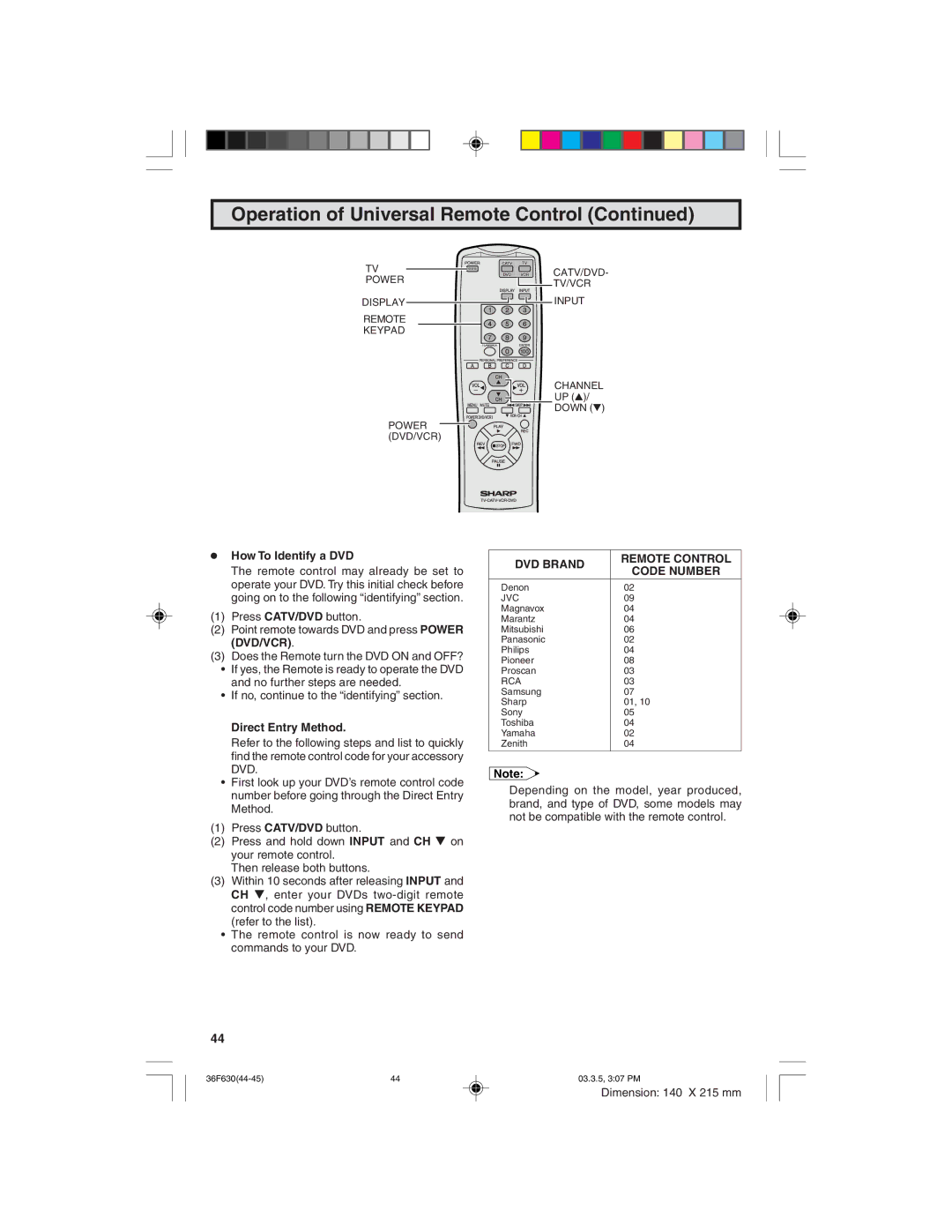 Sharp 36F630 operation manual How To Identify a DVD, DVD Brand Remote Control Code Number 