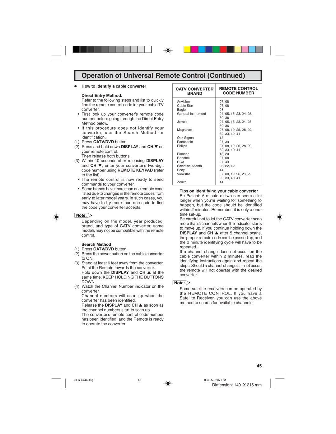 Sharp 36F630 How to identify a cable converter Direct Entry Method, Catv Converter Remote Control Brand Code Number 