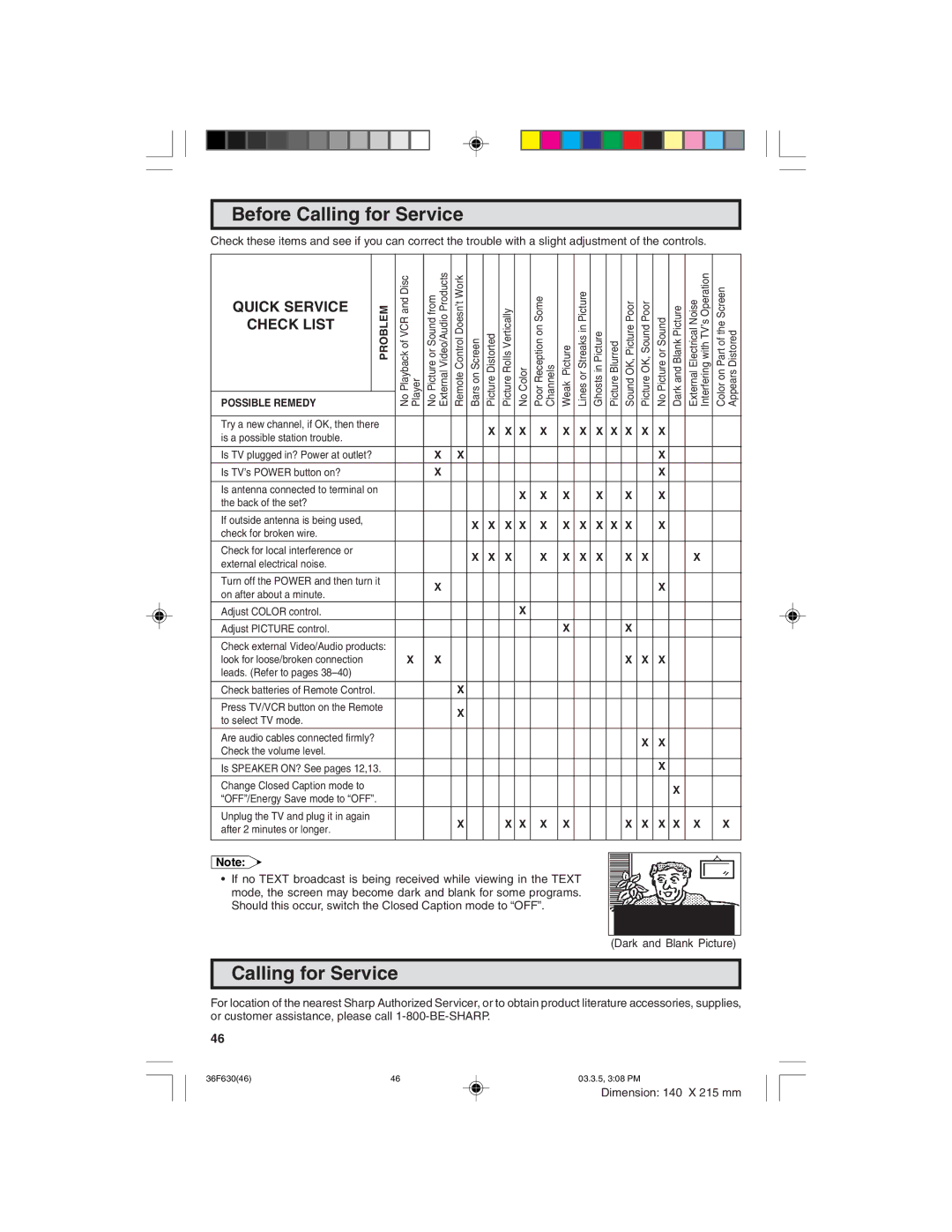 Sharp 36F630 operation manual Before Calling for Service 