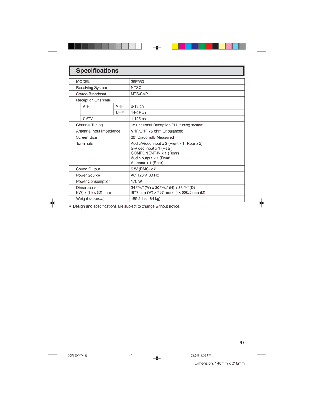 Sharp 36F630 operation manual Specifications, Catv 