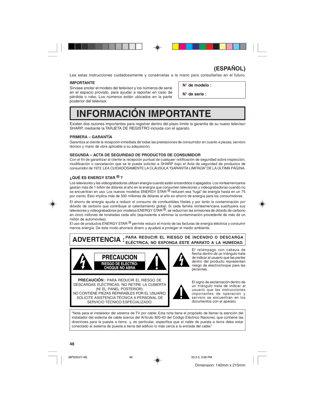 Sharp 36F630 De modelo De serie, Importante, Primera Garantía, Segunda Acta DE Seguridad DE Productos DE Consumidor 