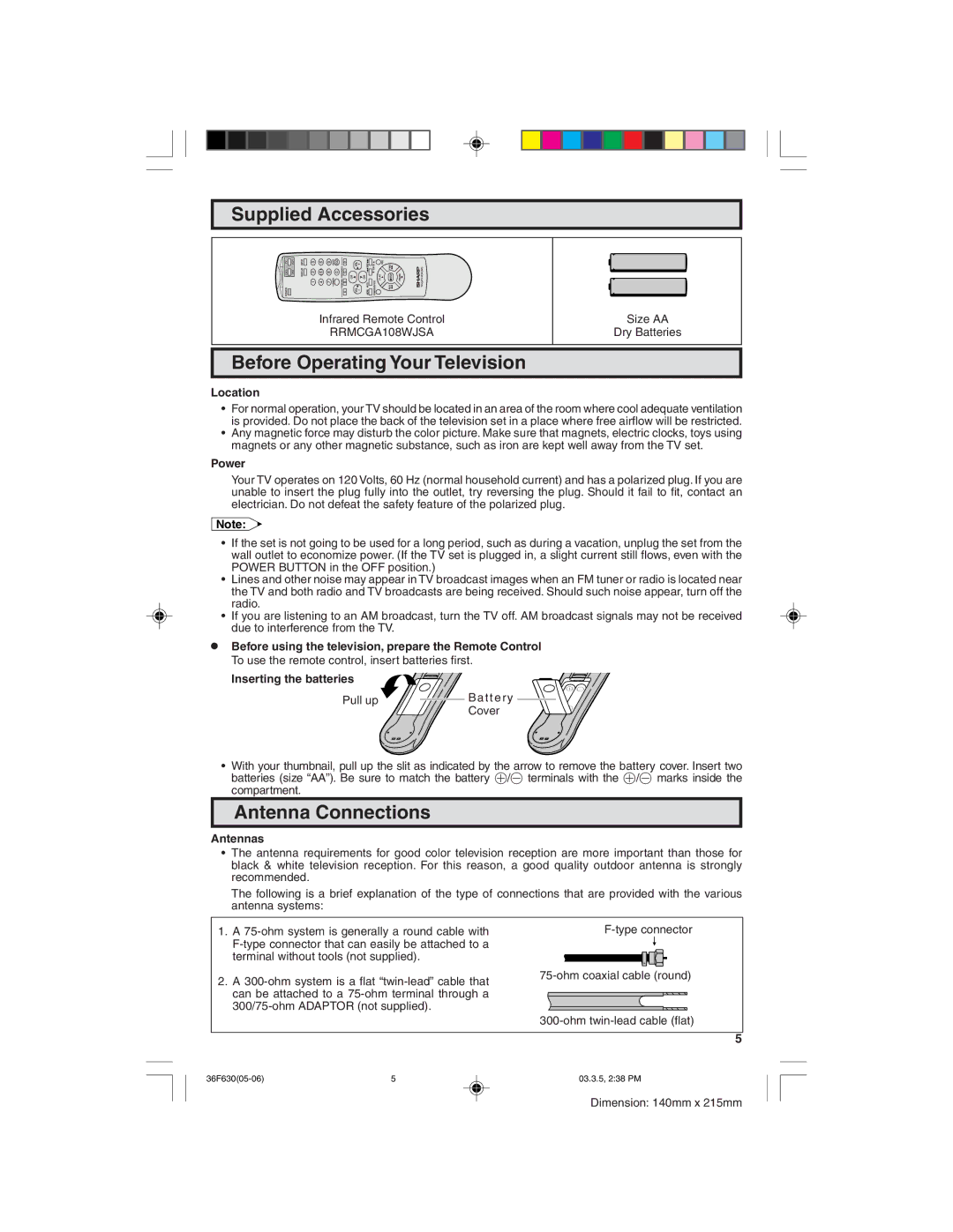 Sharp 36F630 operation manual Supplied Accessories, Before Operating Your Television, Antenna Connections 