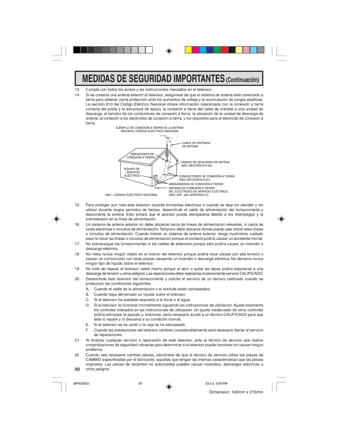 Sharp 36F630 operation manual Medidas DE Seguridad Importantes Continuación 