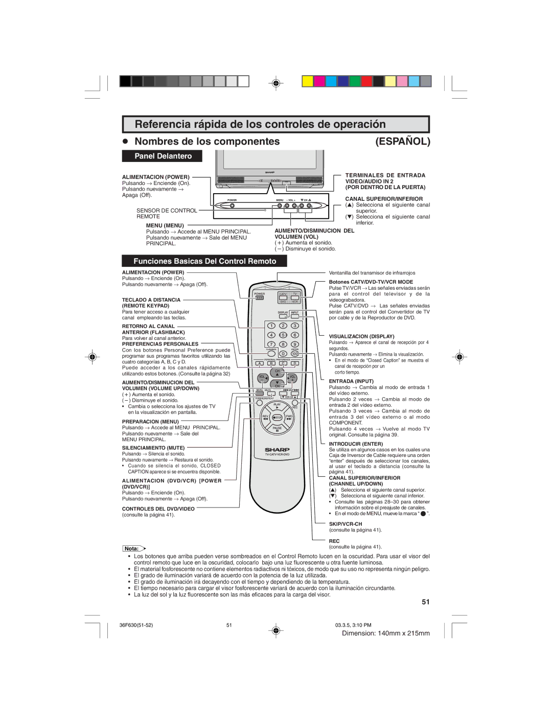 Sharp 36F630 operation manual Referencia rápida de los controles de operación, Panel Delantero 