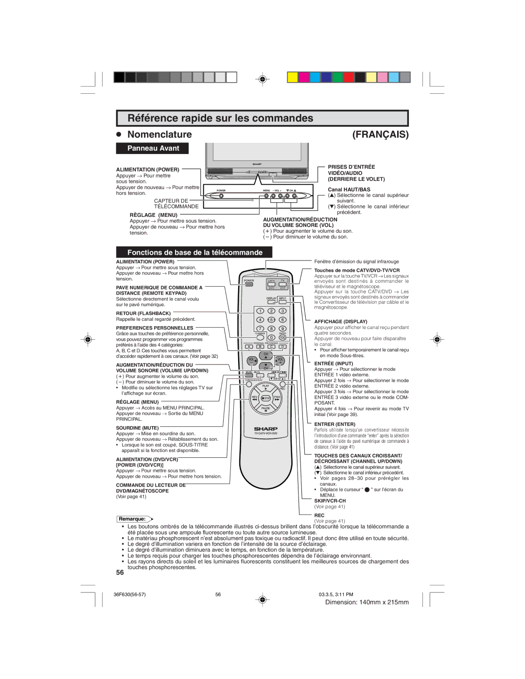 Sharp 36F630 operation manual Référence rapide sur les commandes, Panneau Avant 