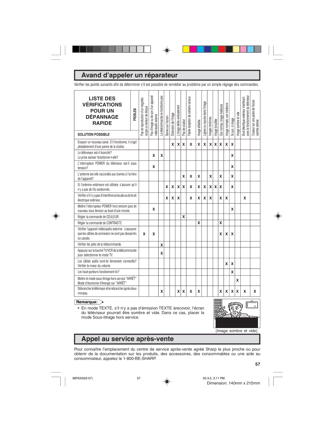 Sharp 36F630 operation manual Avand d’appeler un réparateur, Appel au service après-vente 