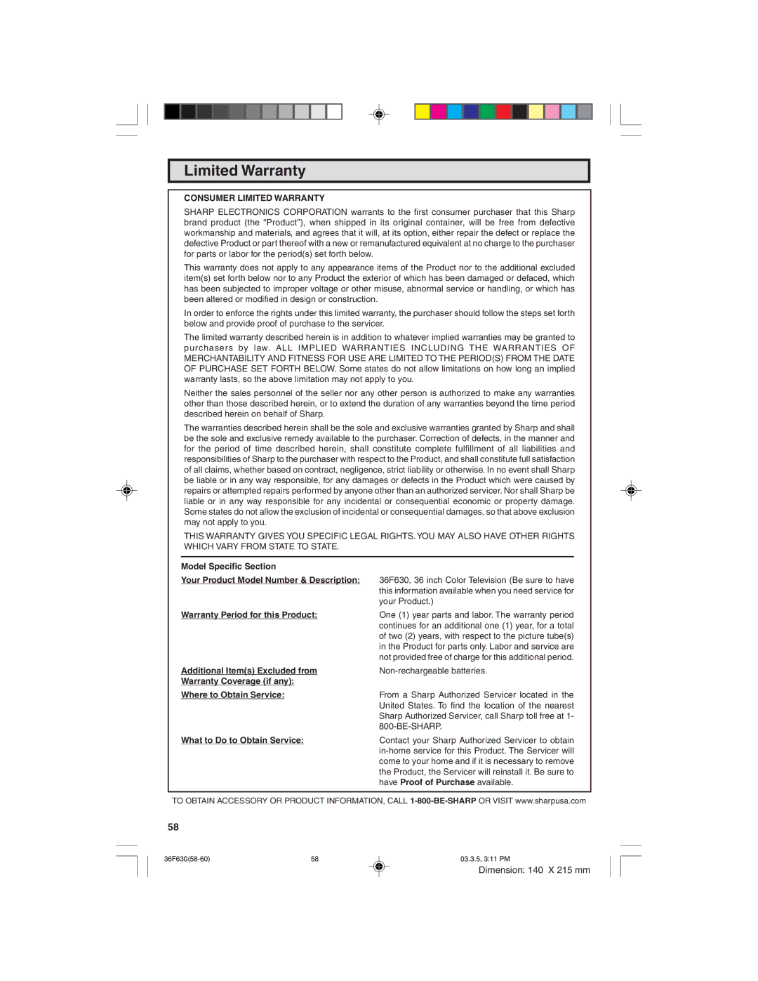 Sharp 36F630 operation manual Consumer Limited Warranty 