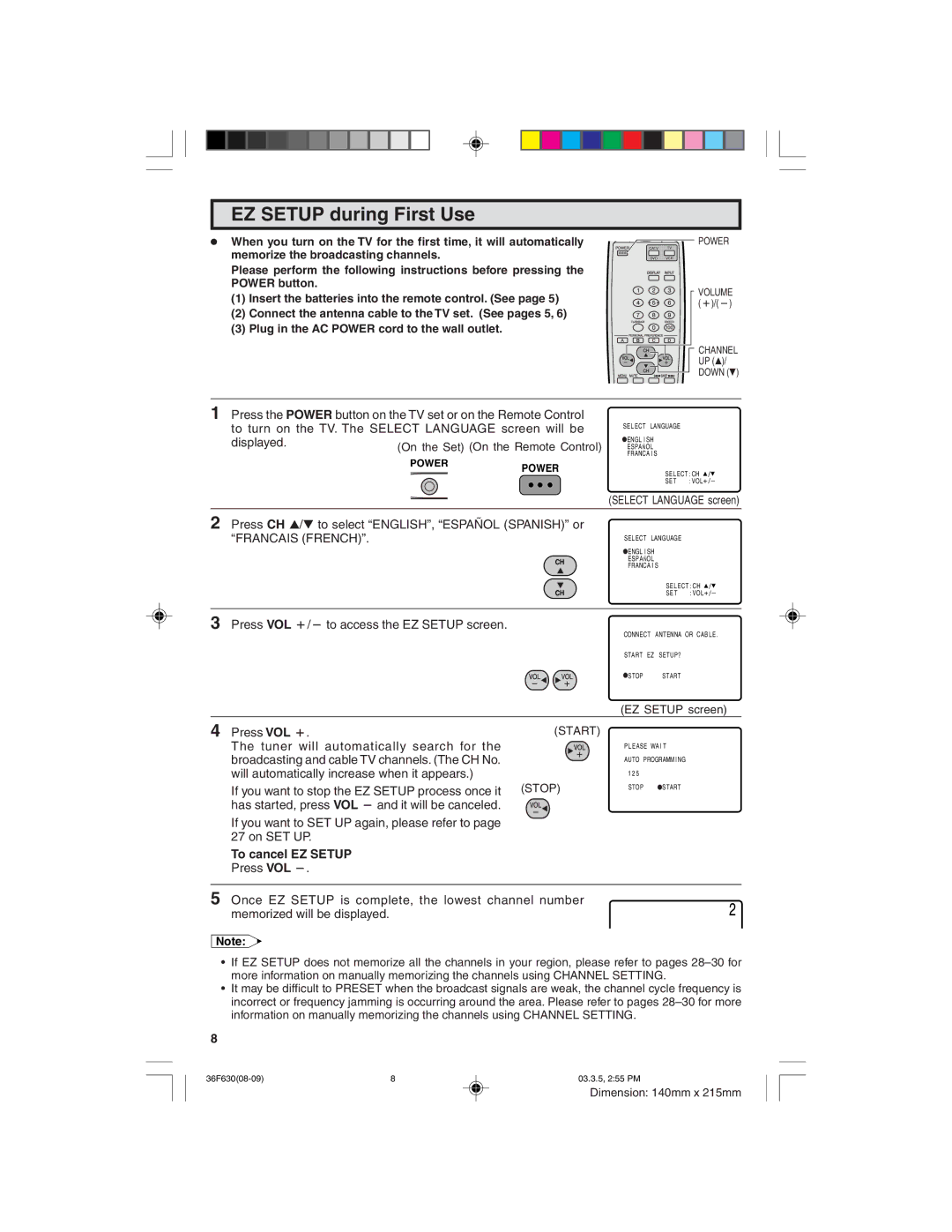 Sharp 36F630 operation manual EZ Setup during First Use, To cancel EZ Setup 