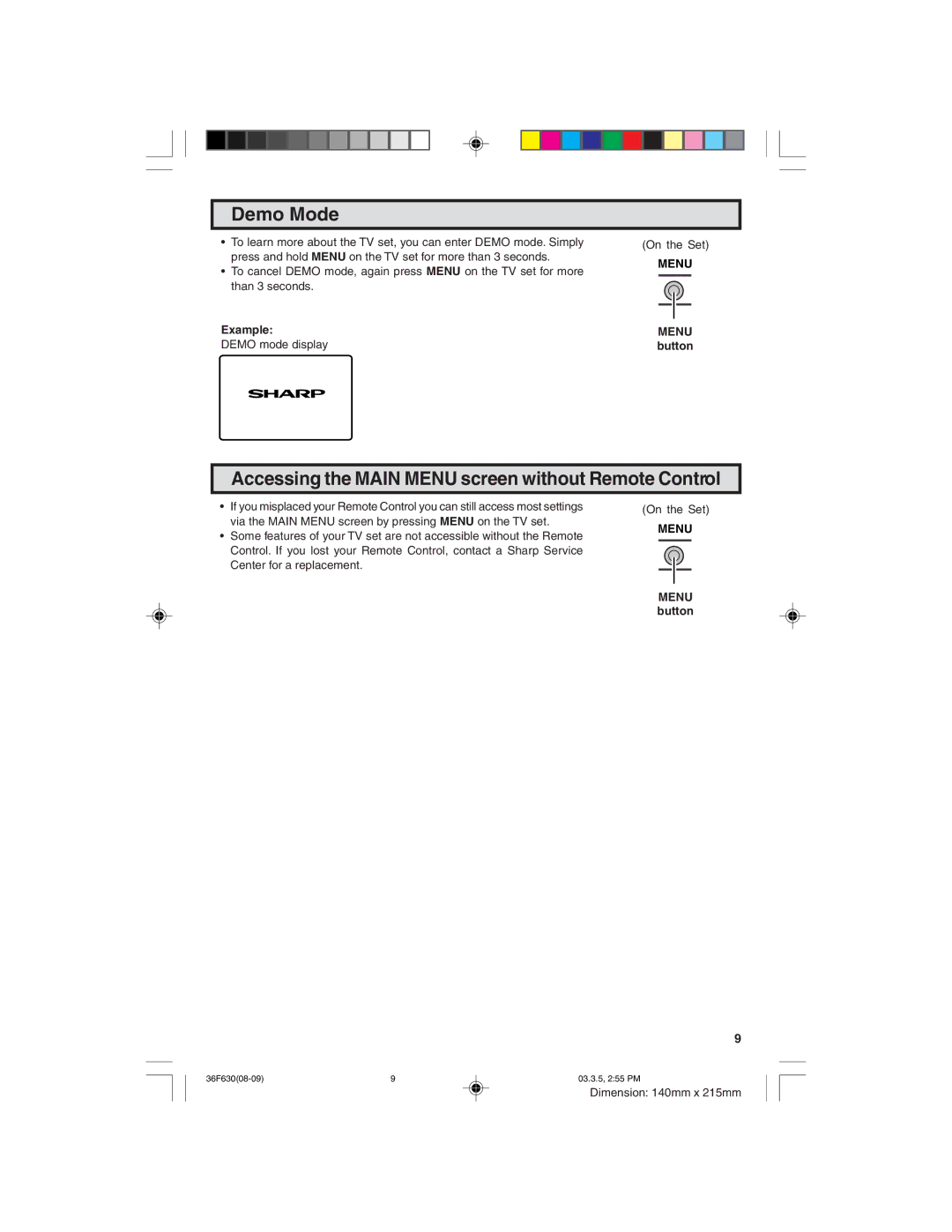 Sharp 36F630 operation manual Demo Mode, Accessing the Main Menu screen without Remote Control, Example, Menu button 