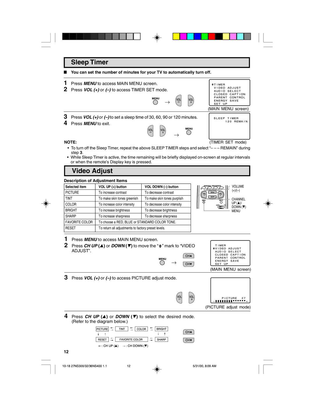 Sharp 36N S400, 27N S300, 32N S400 warranty Sleep Timer, Video Adjust, Timer SET mode, Description of Adjustment Items 