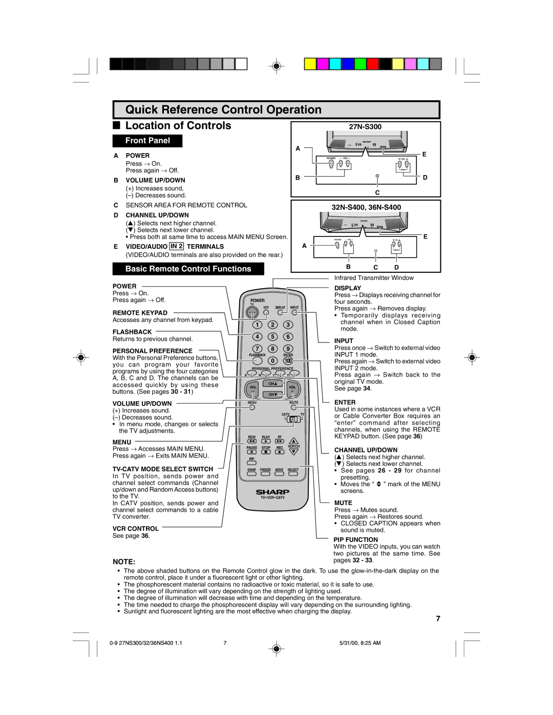 Sharp 27N S300, 36N S400, 32N S400 warranty Quick Reference Control Operation, 27N-S300, 32N-S400, 36N-S400 