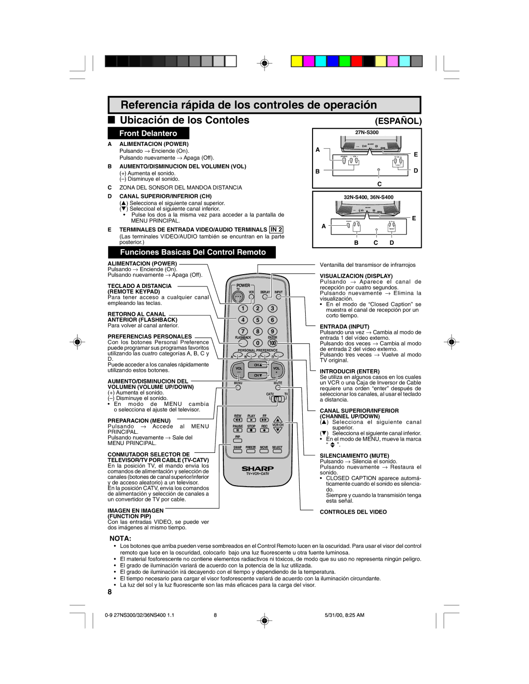 Sharp 32N S400, 36N S400, 27N S300 warranty Referencia rápida de los controles de operación, Nota 