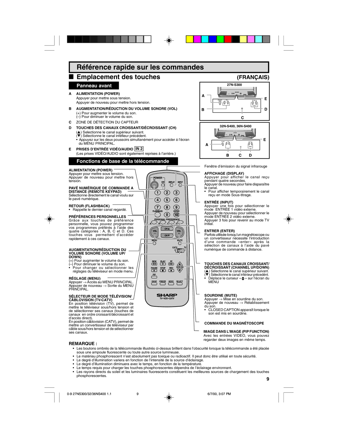 Sharp 36N S400, 27N S300, 32N S400 warranty Référence rapide sur les commandes, Remarque 