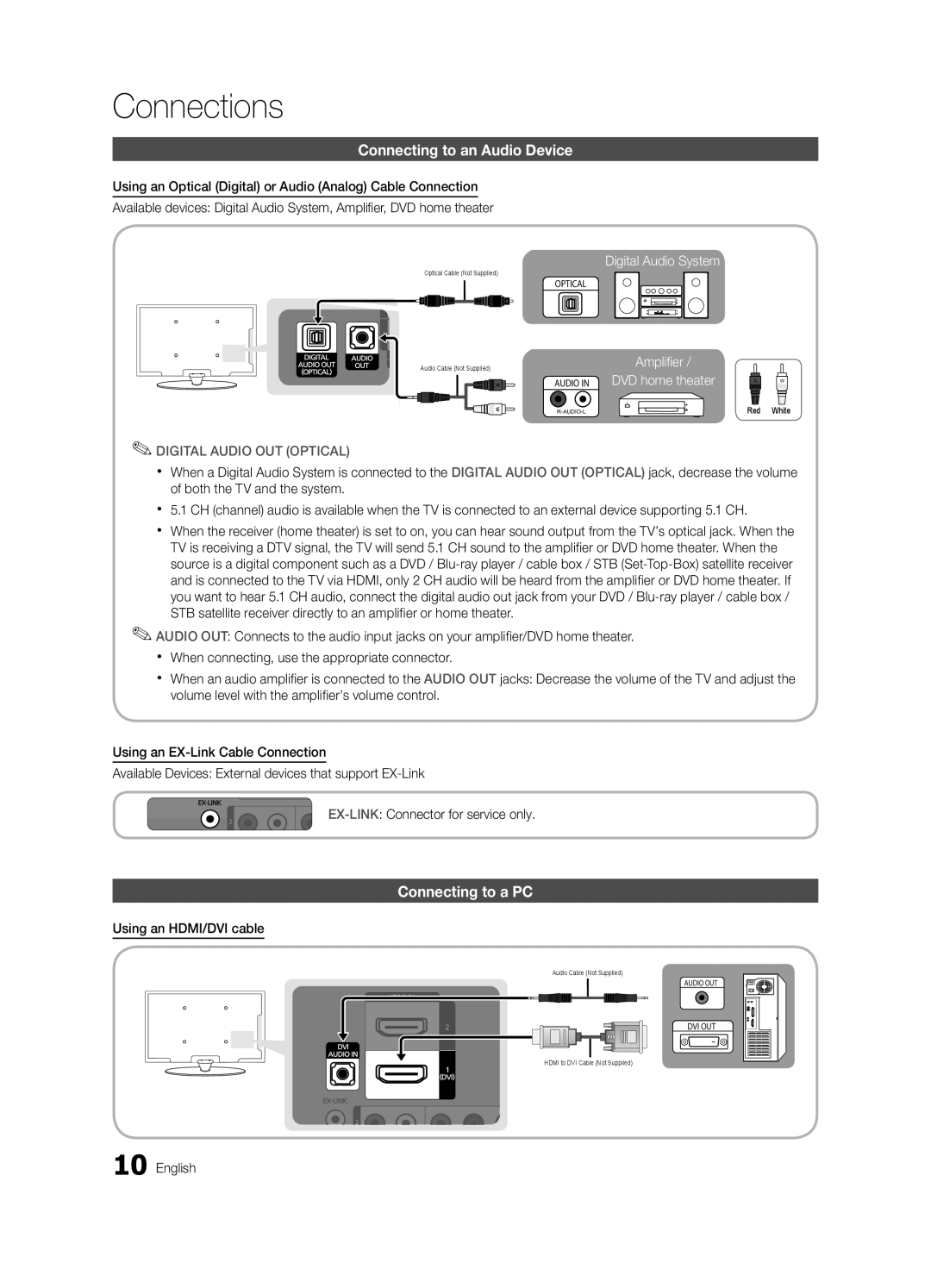 Sharp 430 user manual Connecting to an Audio Device, Connecting to a PC, Digital Audio OUT Optical, Using an HDMI/DVI cable 