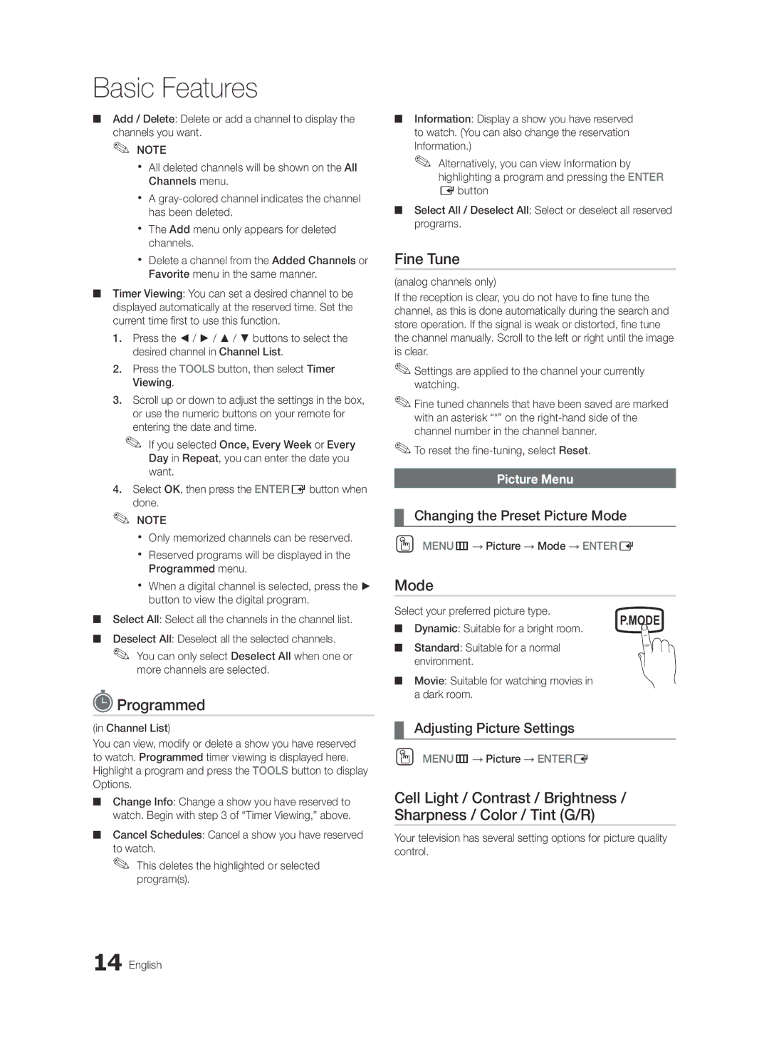 Sharp 430 user manual Programmed, Fine Tune, Changing the Preset Picture Mode, Adjusting Picture Settings 