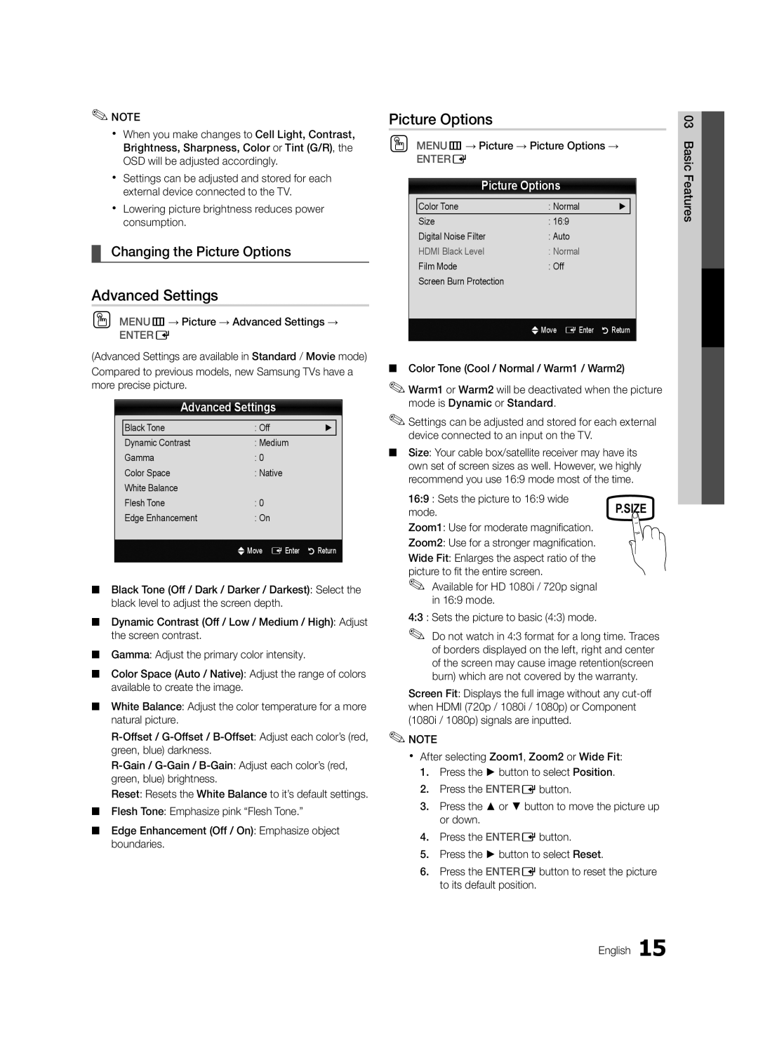 Sharp 430 user manual Advanced Settings, Changing the Picture Options 