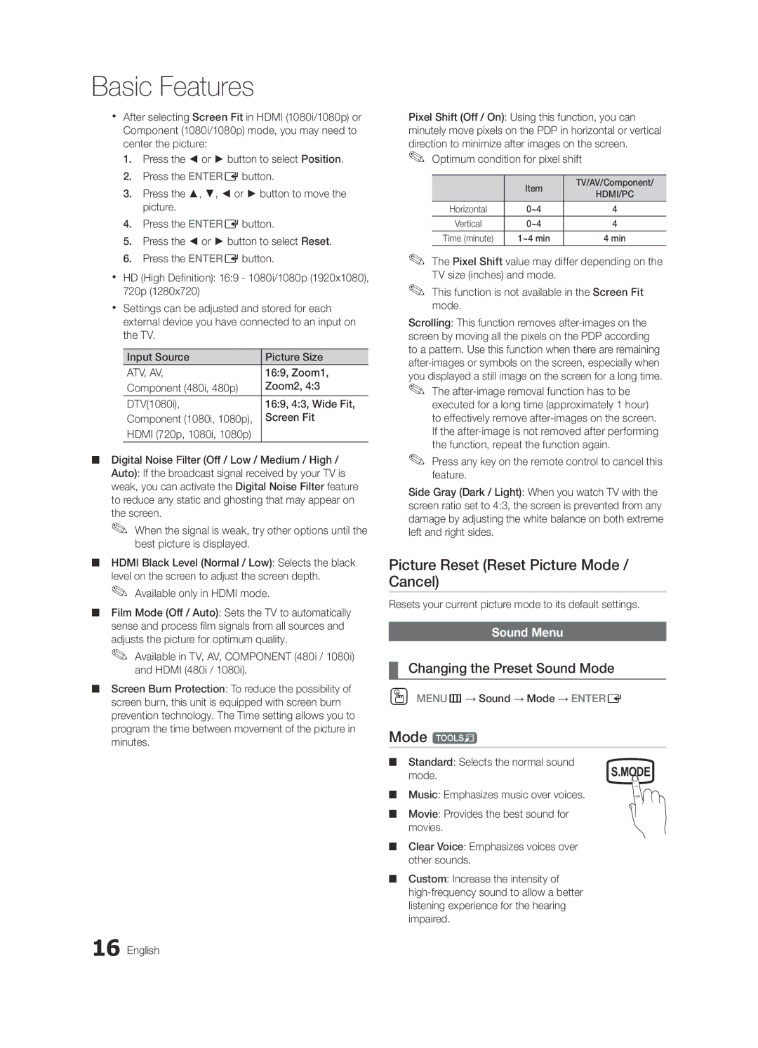 Sharp 430 user manual Picture Reset Reset Picture Mode / Cancel, Mode t, Changing the Preset Sound Mode, Sound Menu 