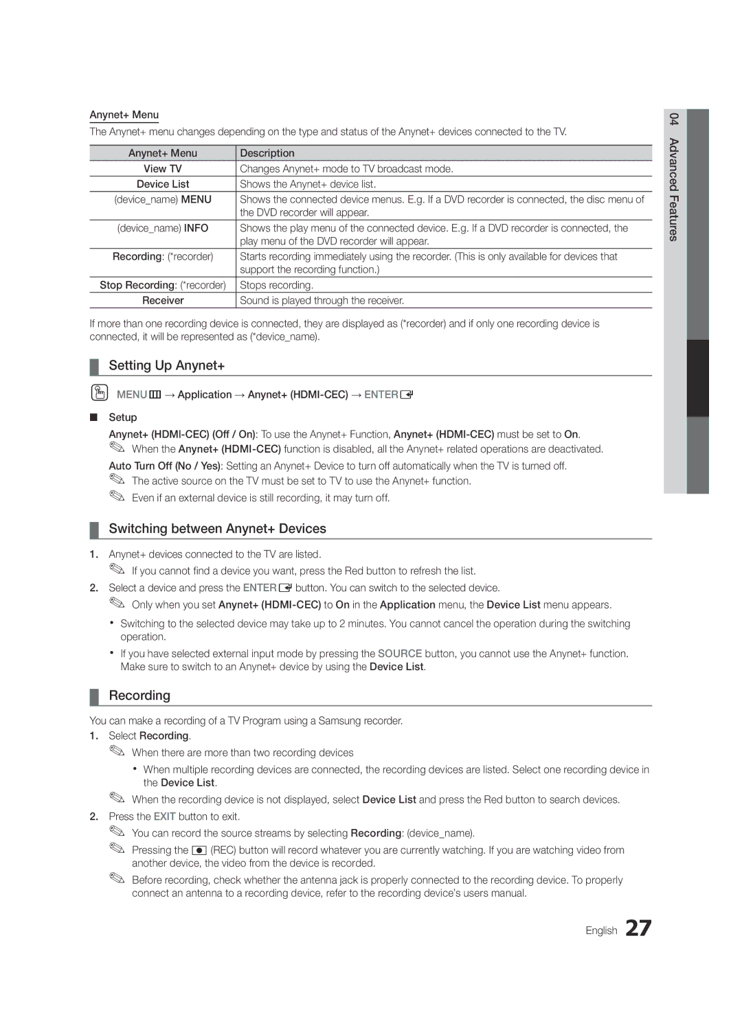 Sharp 430 user manual Setting Up Anynet+, Switching between Anynet+ Devices, Recording 