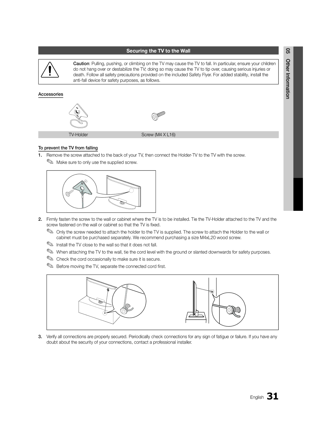 Sharp 430 user manual Securing the TV to the Wall, Accessories 05InformationOher TV-Holder, Screw M4 X L16 