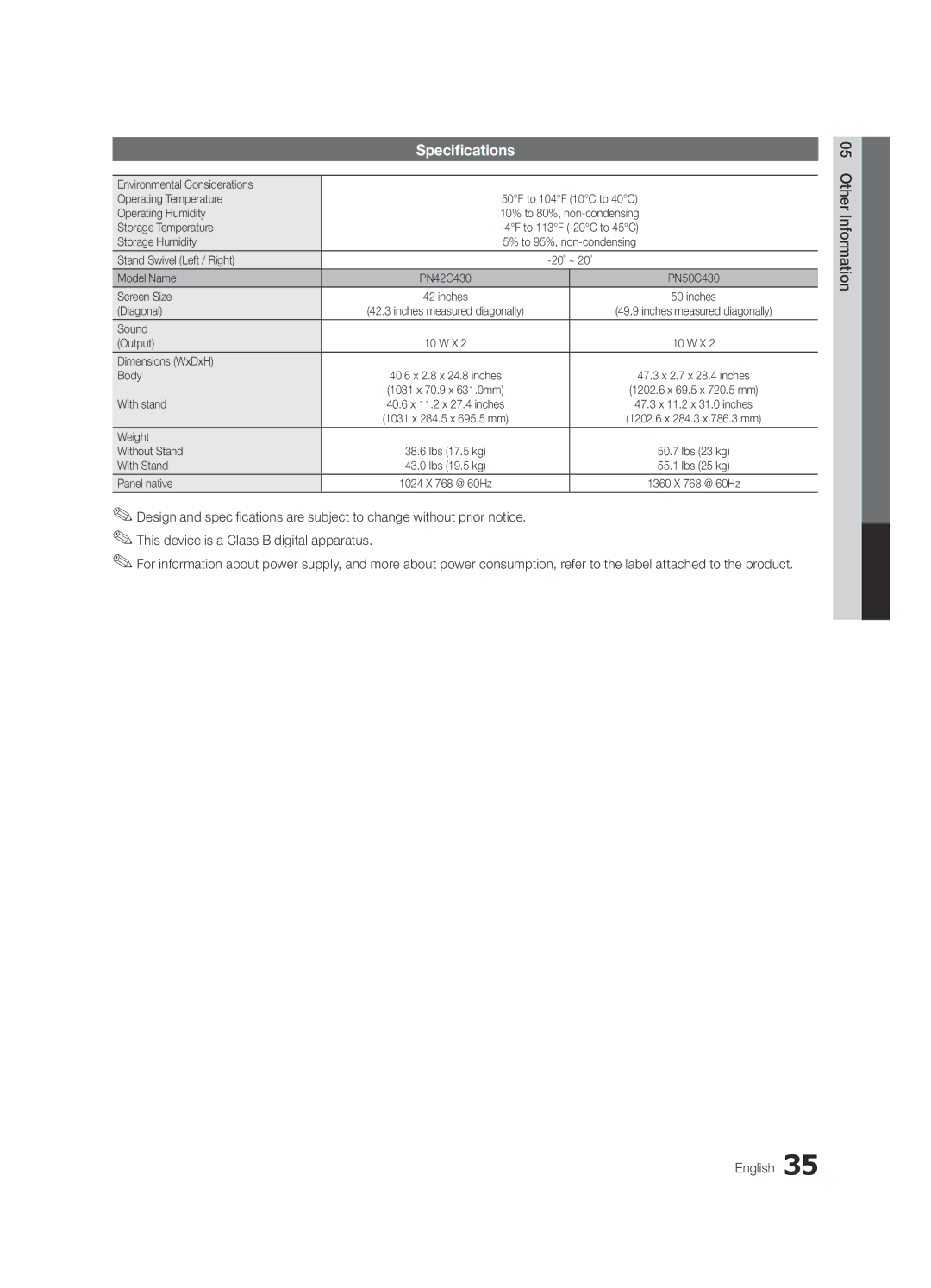 Sharp 430 user manual Specifications 