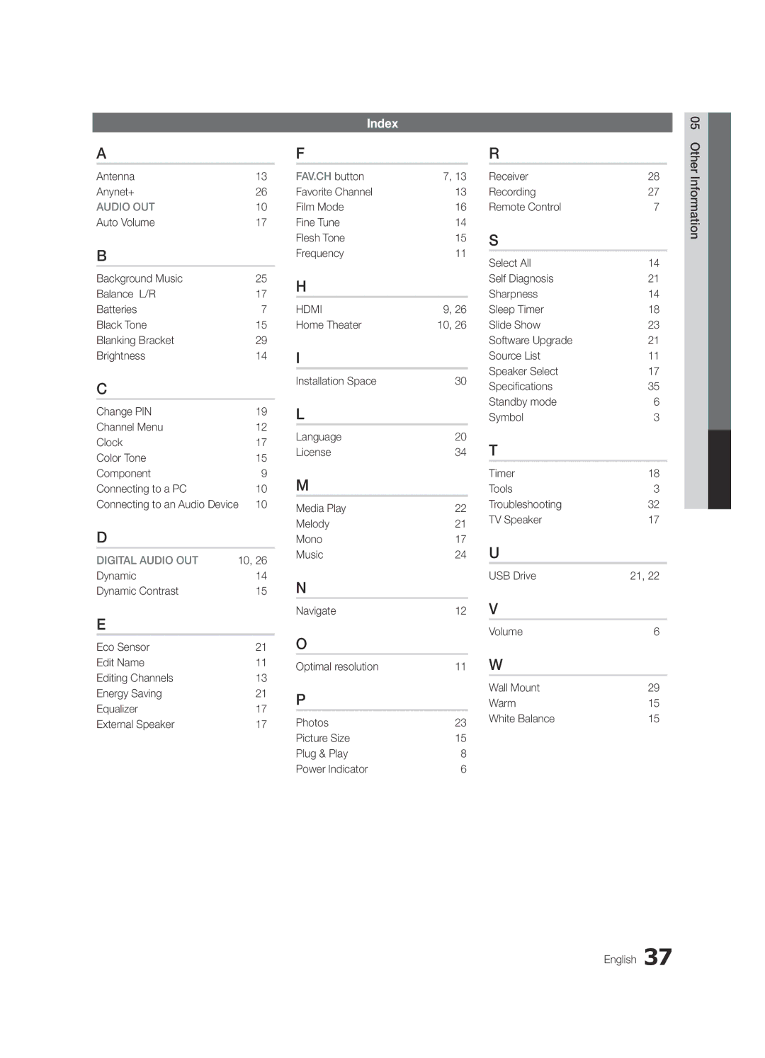 Sharp 430 Index, Antenna Anynet+, Digital Audio OUT, Favorite Channel Film Mode Fine Tune Flesh Tone Frequency 