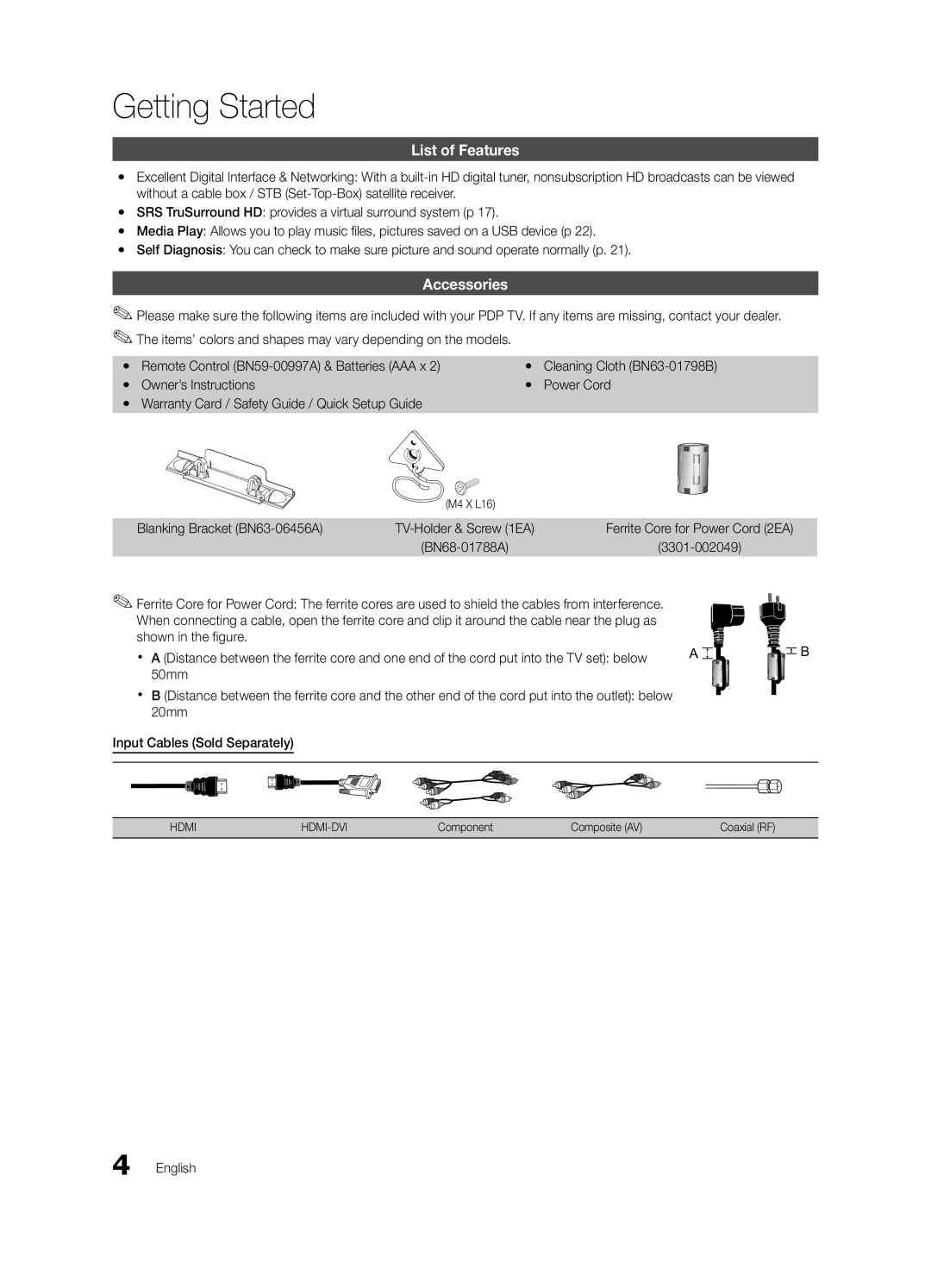 Sharp 430 user manual Getting Started, List of Features, Accessories, Blanking Bracket BN63-06456A, 3301-002049 