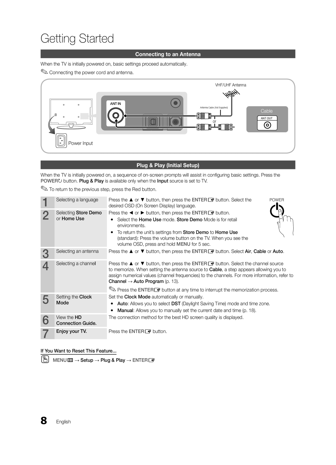 Sharp 430 user manual Connecting to an Antenna, Plug & Play Initial Setup, Power Input, VHF/UHF Antenna 