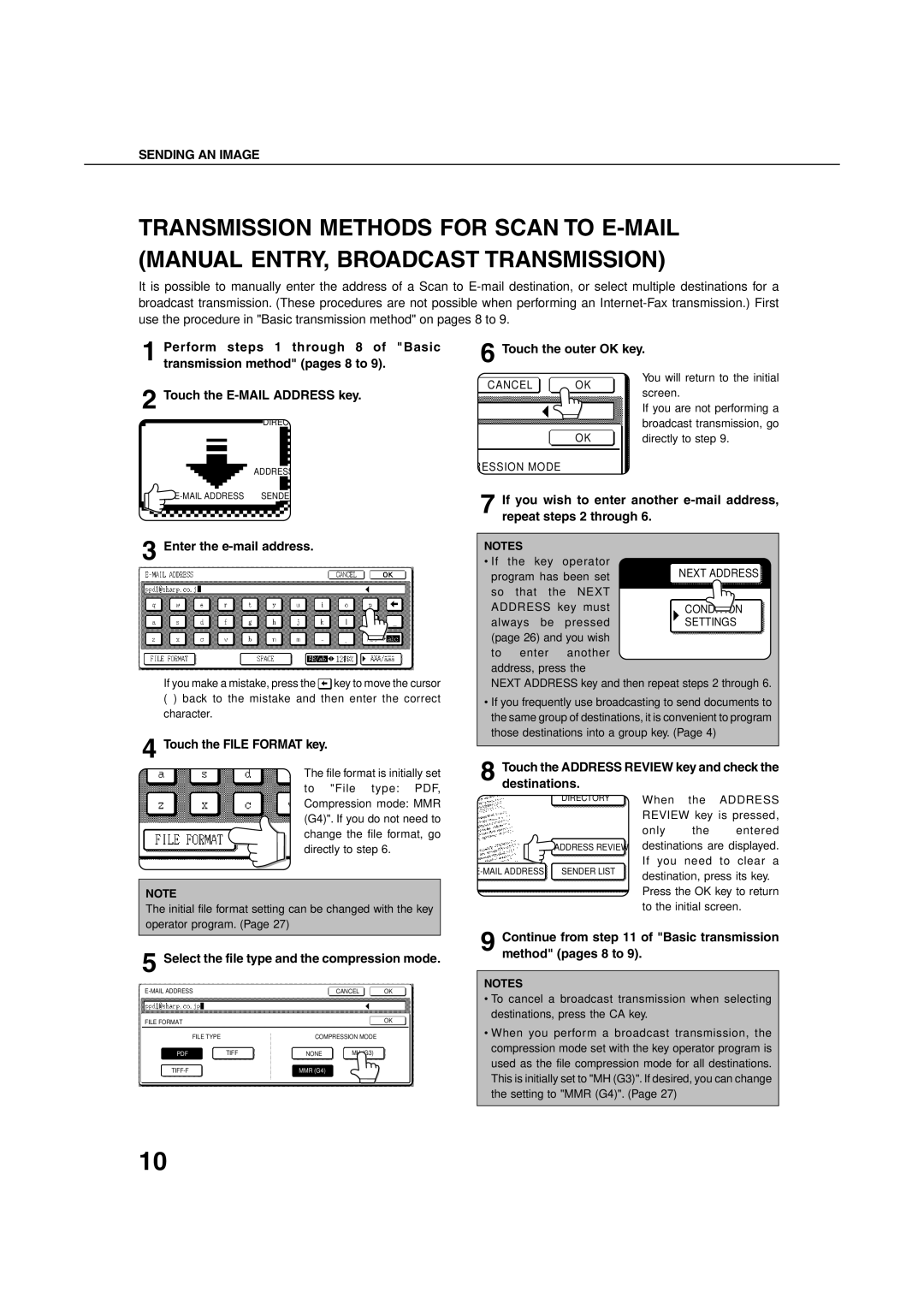 Sharp 4501 Touch the outer OK key, Touch the File Format key, Touch the Address Review key and check the destinations 