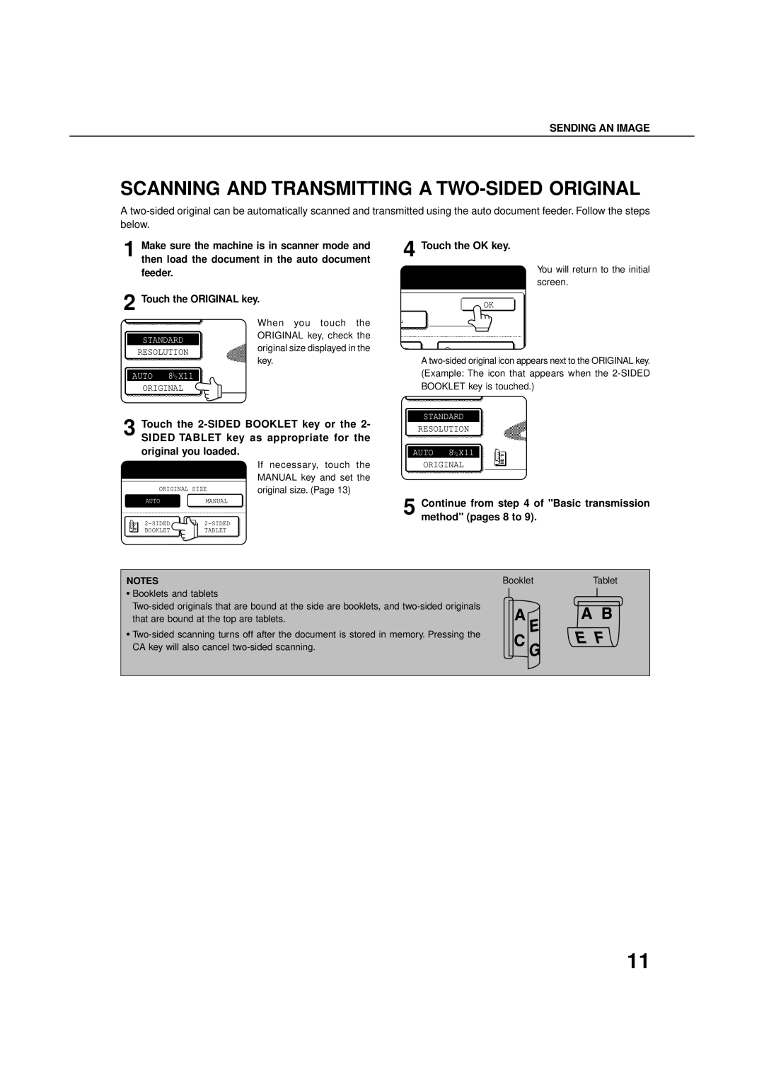 Sharp 3501, 4500, 450M, 4501, 350M, 3500, 450LP, 4551, 3551 Scanning and Transmitting a TWO-SIDED Original, Touch the OK key 