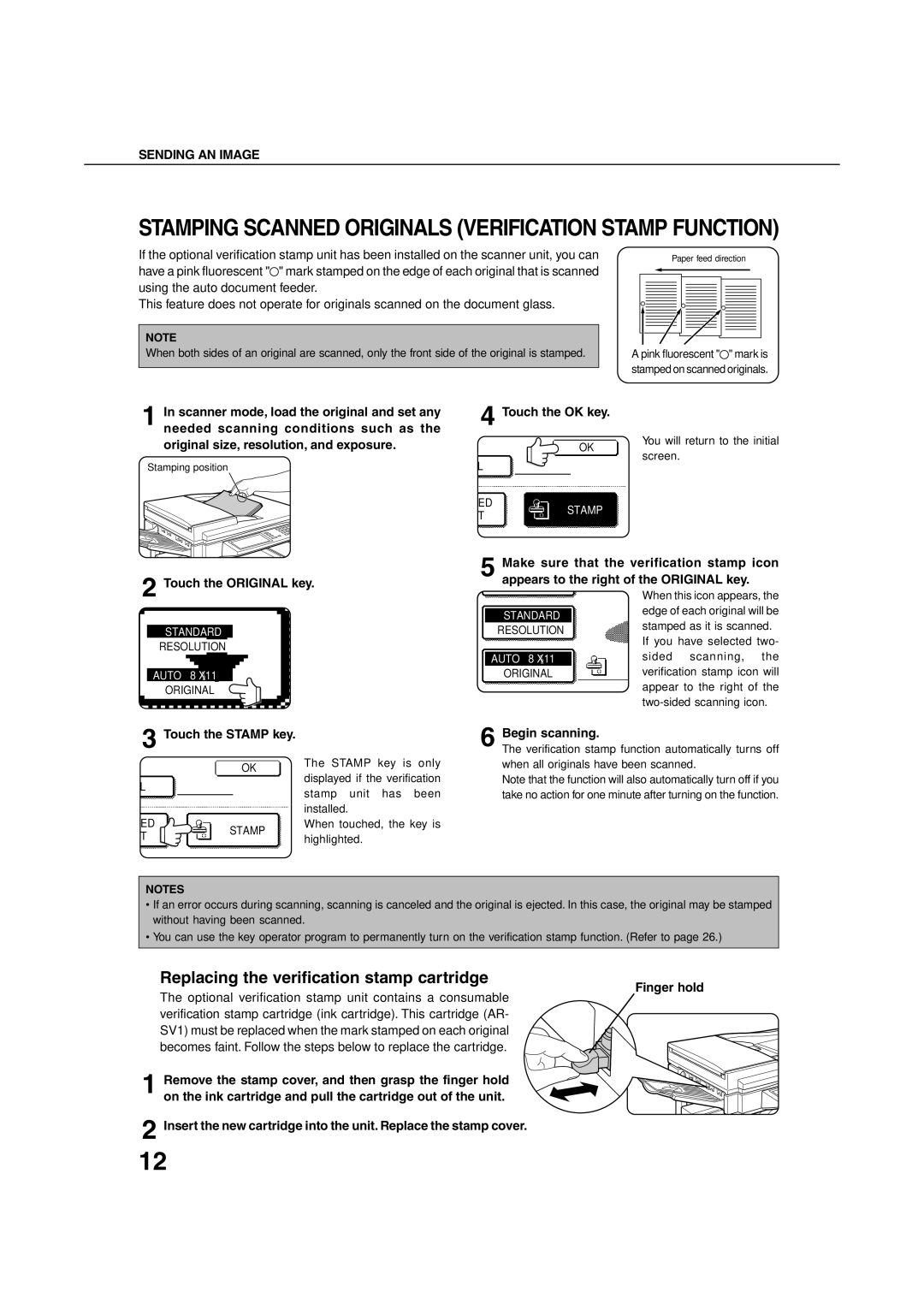 Sharp 350M, 4500, 450M, 4501 Replacing the verification stamp cartridge, Touch the Stamp key, Begin scanning, Finger hold 