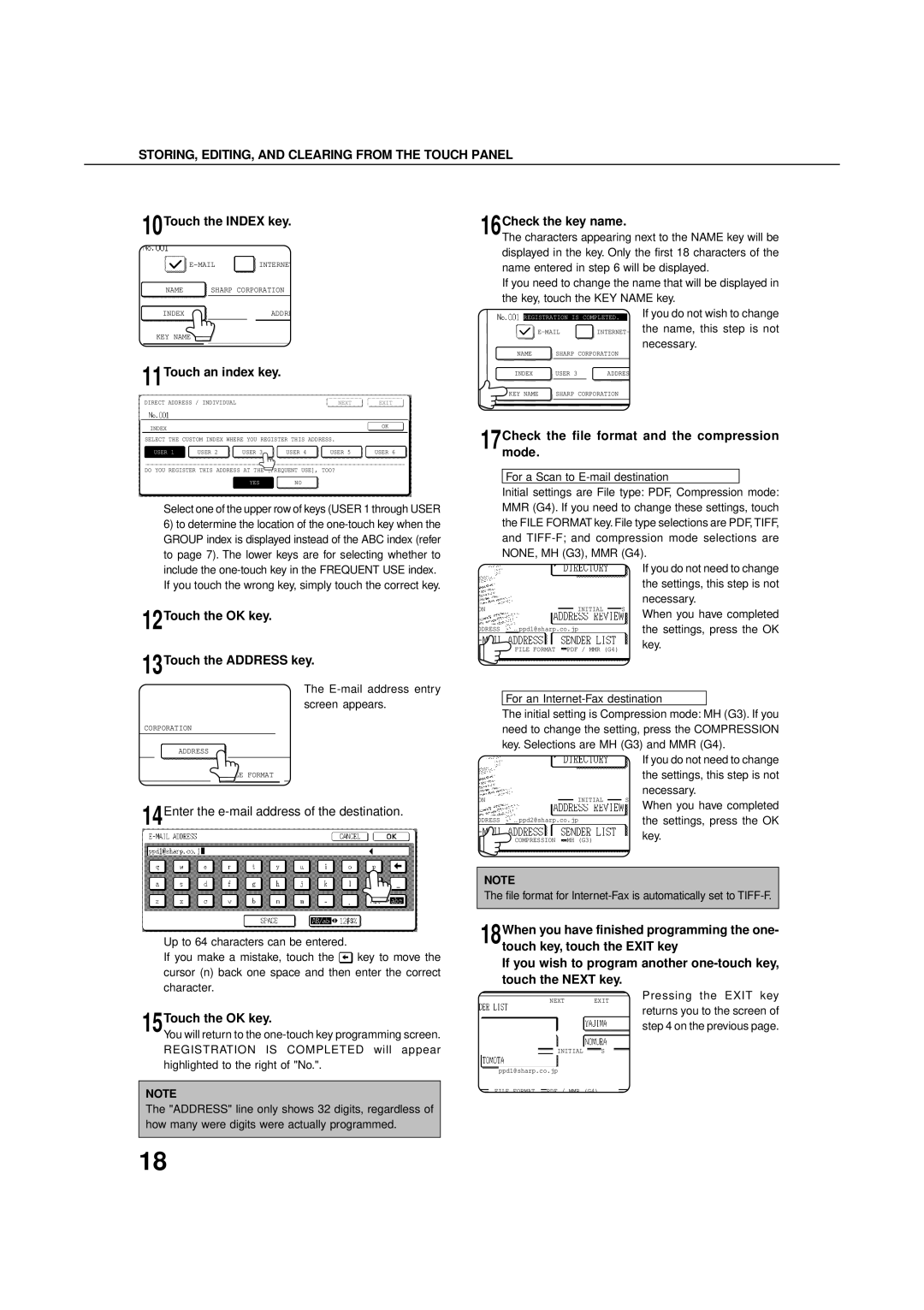 Sharp 4500 10Touch the Index key, 11Touch an index key, 12Touch the OK key 13Touch the Address key, Check the key name 