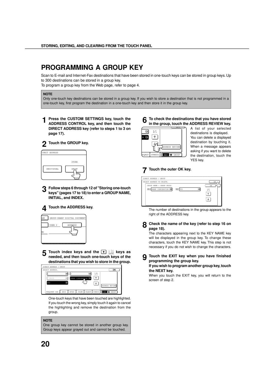 Sharp 4501, 4500, 450M, 3501, 350M, 3500, 450LP, 4551, 3551, 350LP Programming a Group KEY, Check the name of the key refer to on 