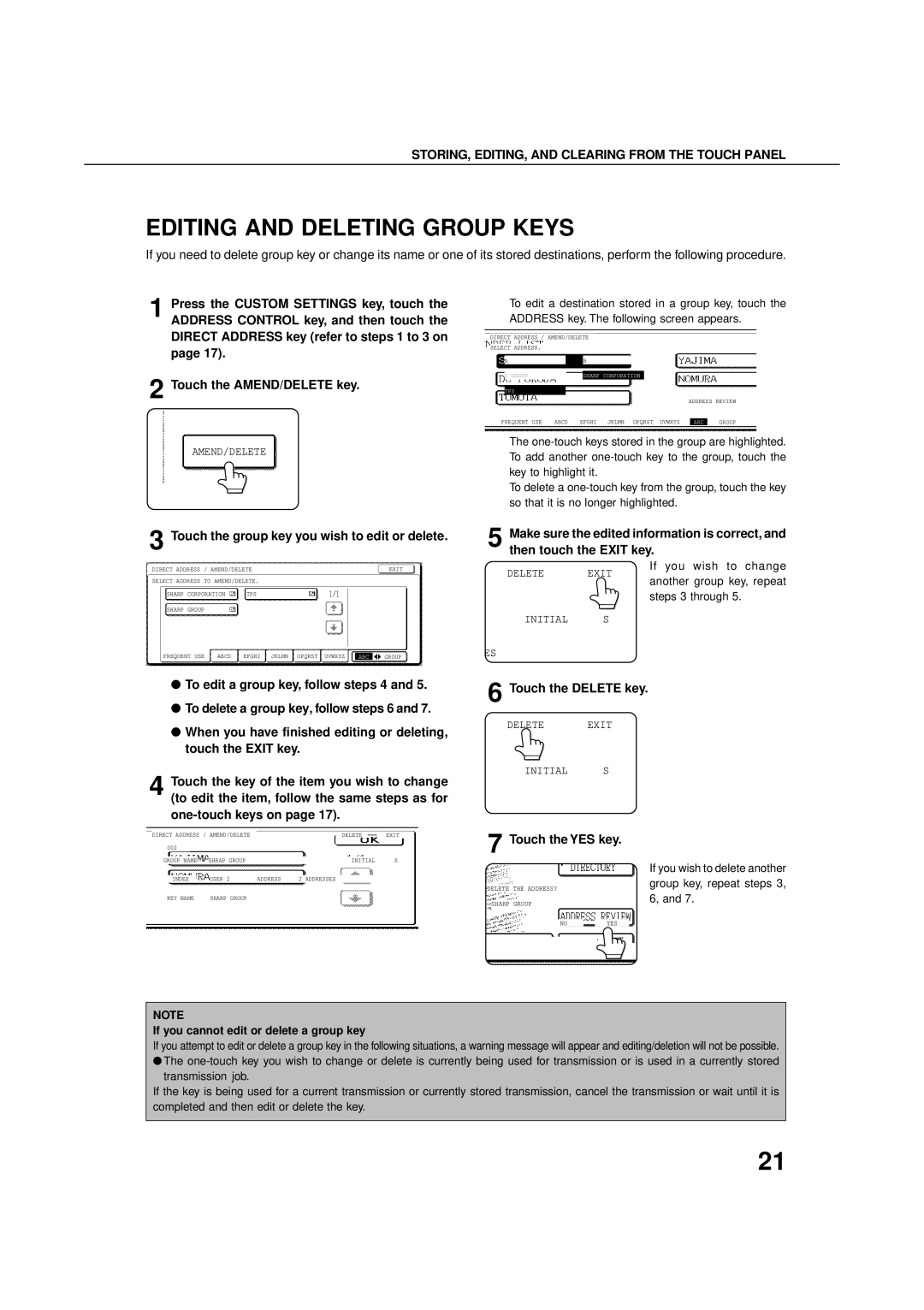 Sharp 3501, 4500, 450M, 4501 Editing and Deleting Group Keys, Touch the YES key, If you cannot edit or delete a group key 