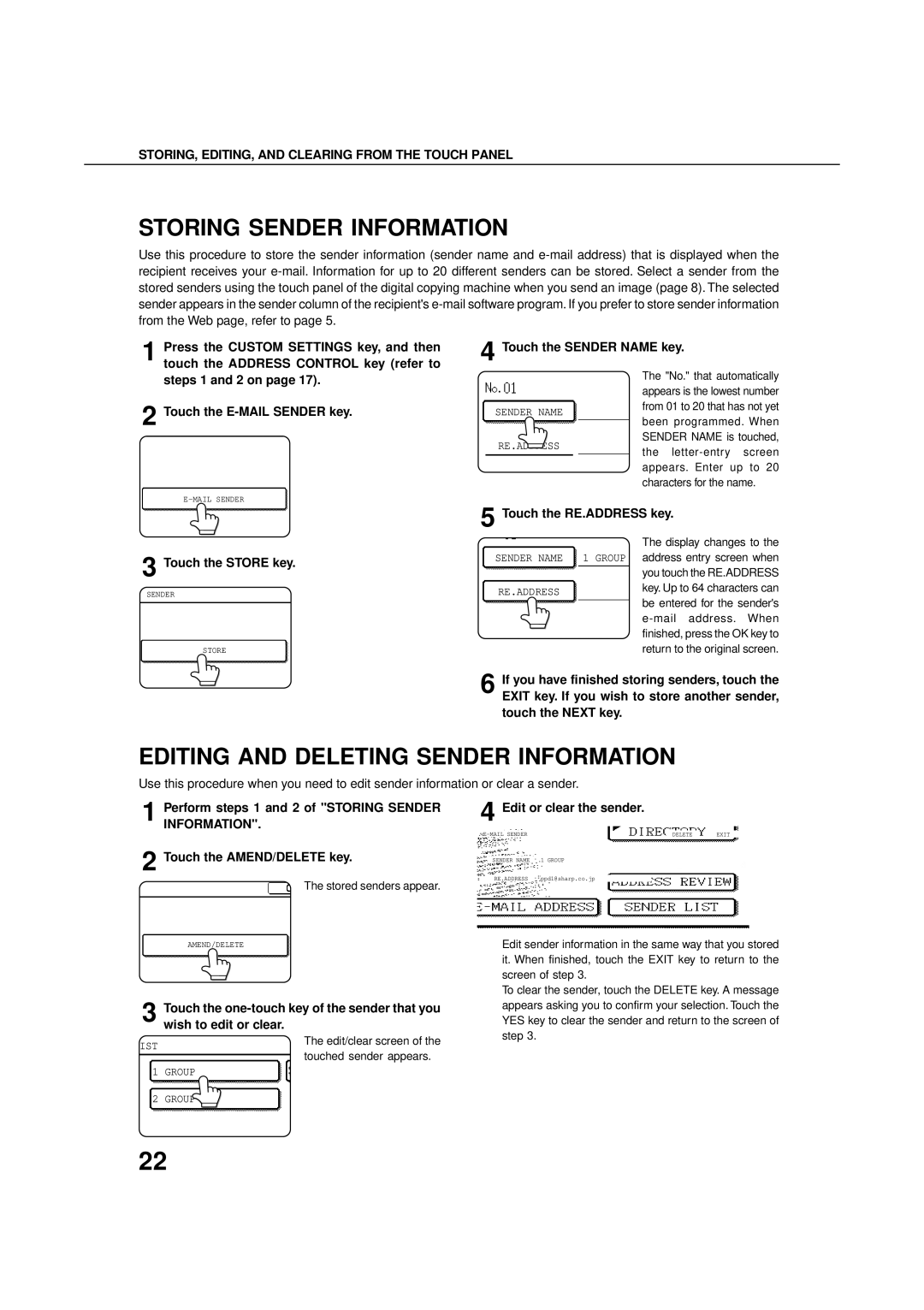 Sharp 350M, 4500, 450M, 4501, 3501 Editing and Deleting Sender Information, Touch the Store key, Touch the RE.ADDRESS key 