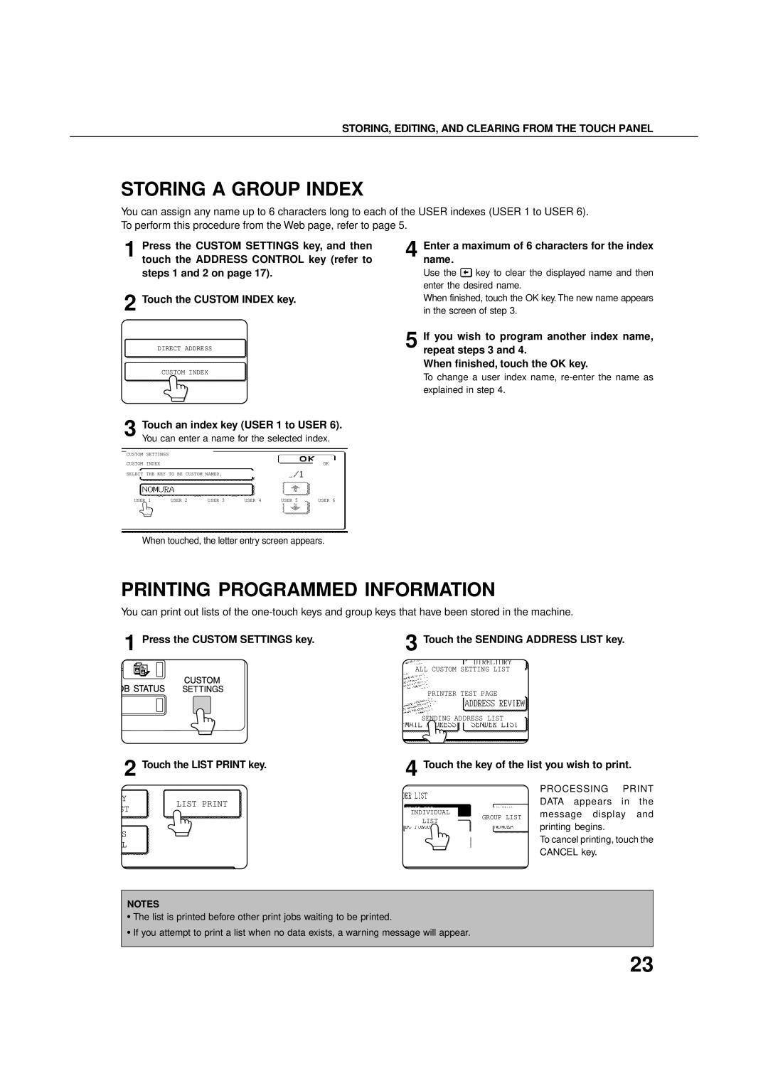 Sharp 3500 Storing a Group Index, Printing Programmed Information, Enter a maximum of 6 characters for the index name 