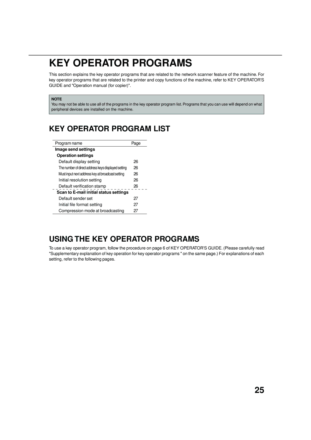 Sharp 4551, 4500 KEY Operator Program List, Using the KEY Operator Programs, Image send settings Operation settings 