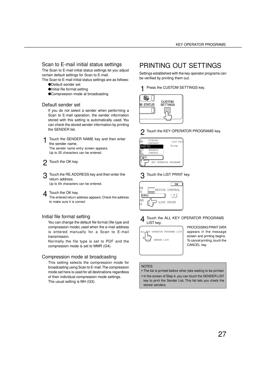 Sharp 350LP, 4500 Printing OUT Settings, Default sender set, Initial file format setting, Compression mode at broadcasting 