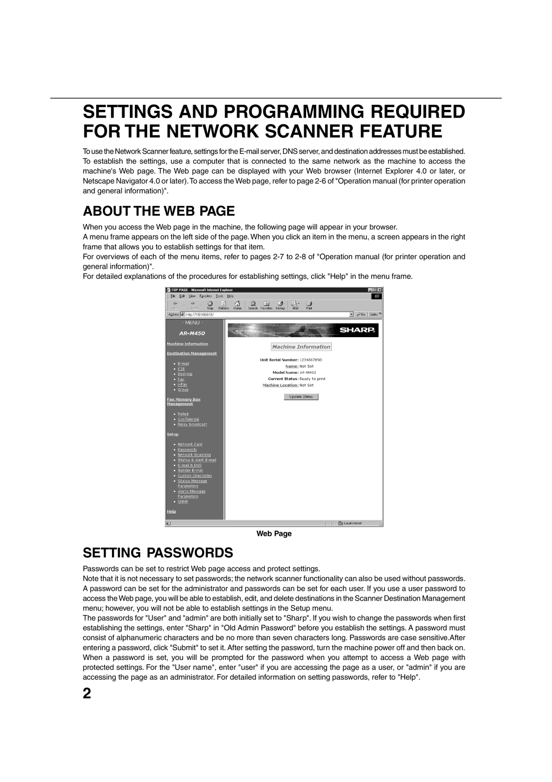 Sharp 350M, 4500, 450M, 4501, 3501, 3500, 450LP, 4551, 3551, 350LP operation manual About the WEB, Setting Passwords, Web 