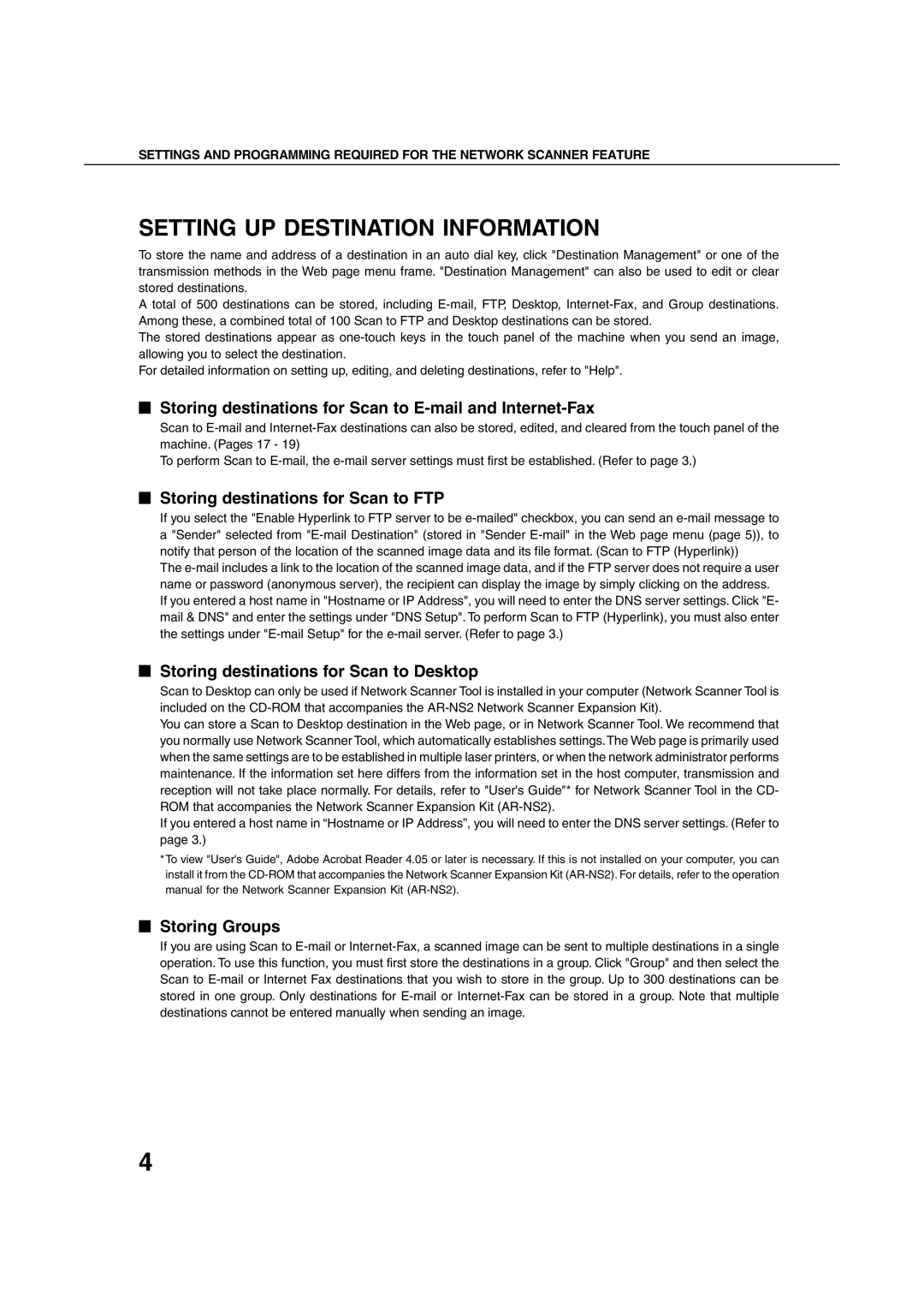 Sharp 450LP Setting UP Destination Information, Storing destinations for Scan to E-mail and Internet-Fax, Storing Groups 