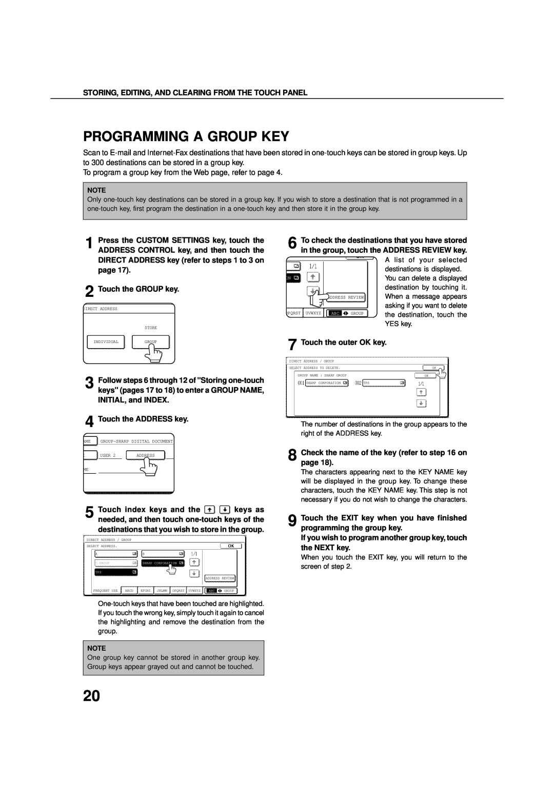 Sharp 4501, 4500, 450M, 3501 Programming A Group Key, DIRECT ADDRESS key refer to steps 1 to 3 on page, Touch the GROUP key 