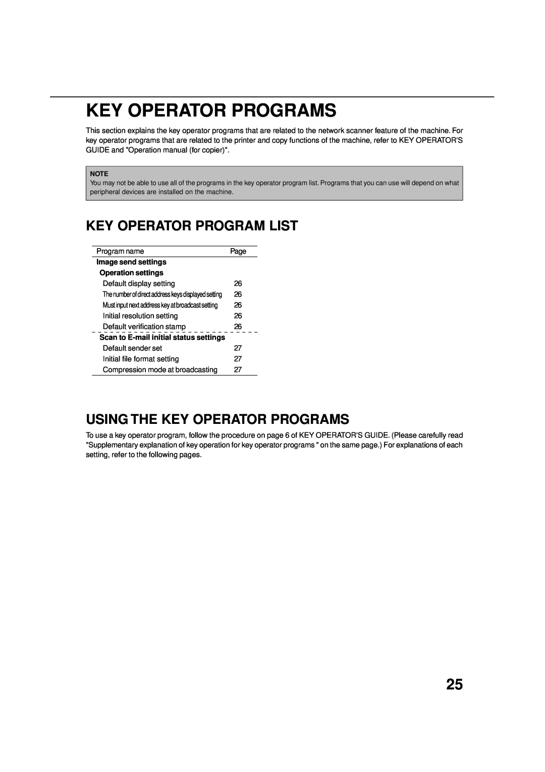 Sharp 4551, 4500 Key Operator Program List, Using The Key Operator Programs, Image send settings, Operation settings 