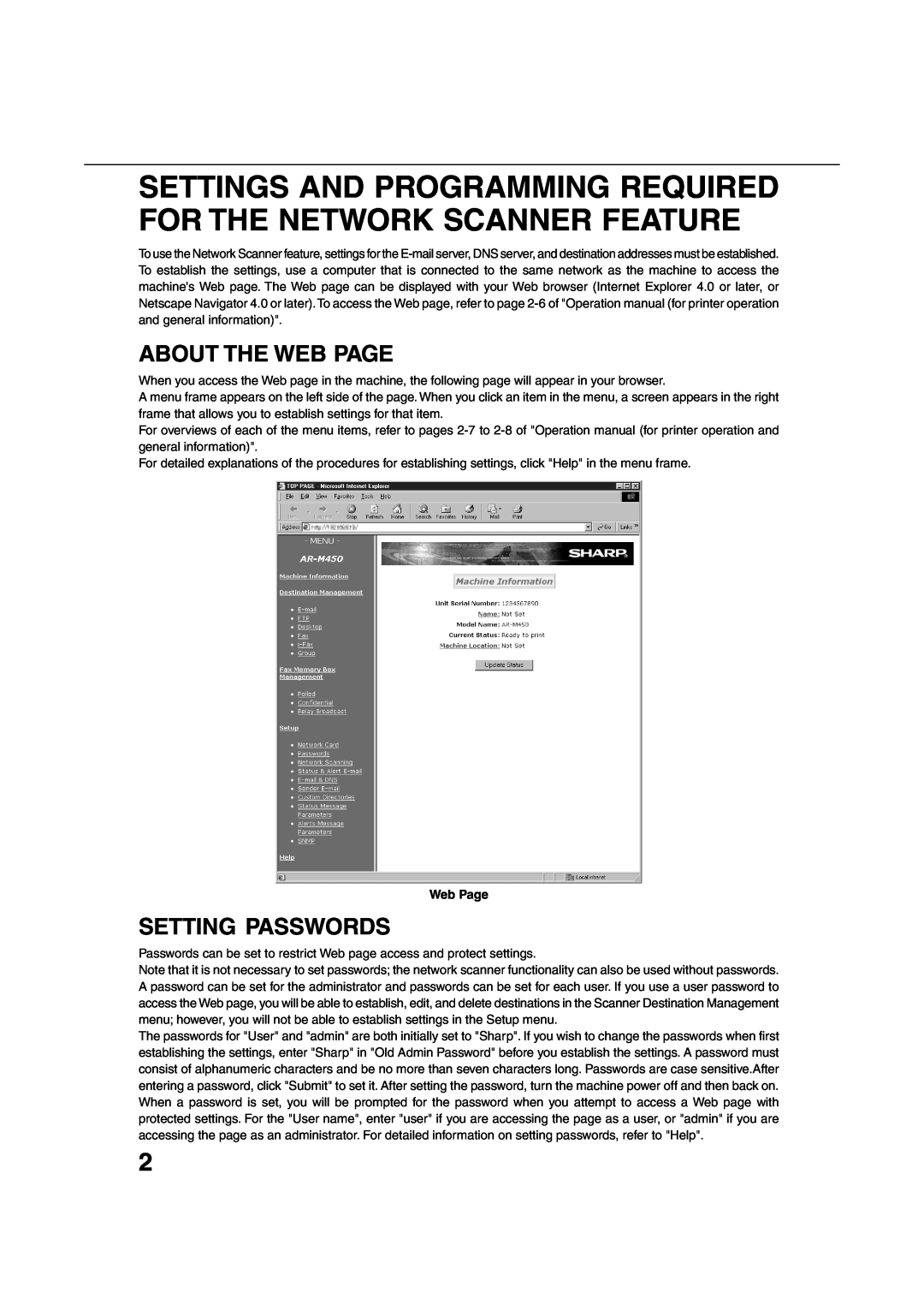 Sharp 350M, 4500 Settings And Programming Required For The Network Scanner Feature, About The Web Page, Setting Passwords 