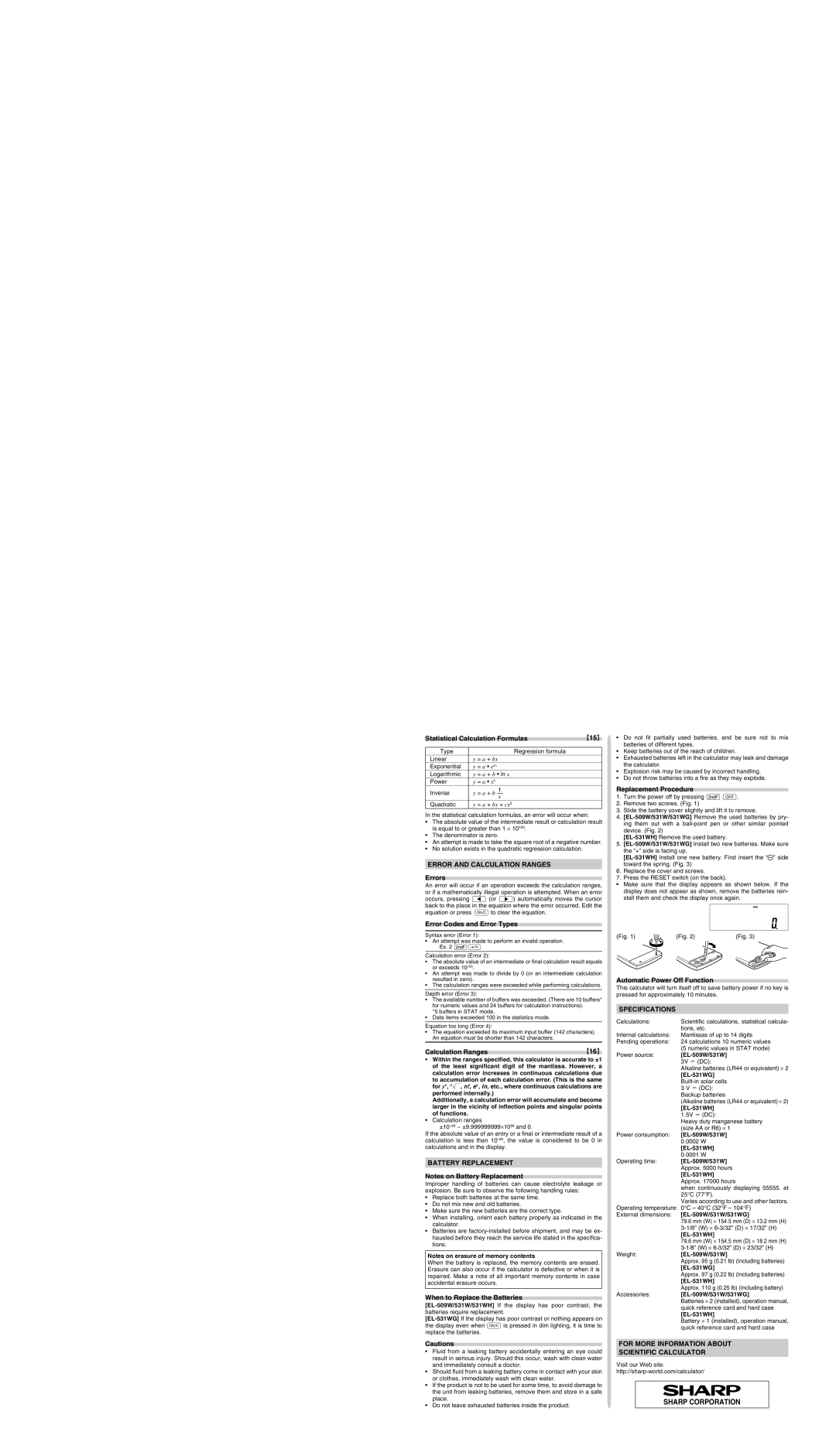 Sharp 531W manual Error and Calculation Ranges, Battery Replacement, Specifications 