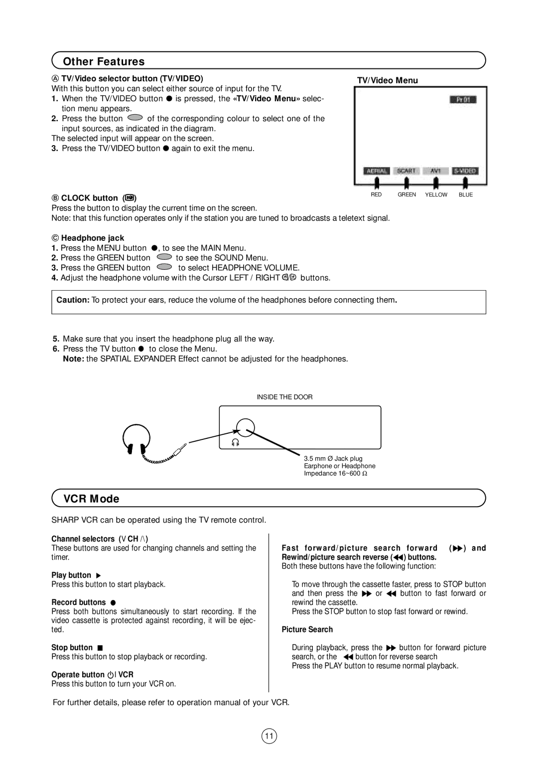 Sharp 54GS-61S operation manual Other Features, VCR Mode 