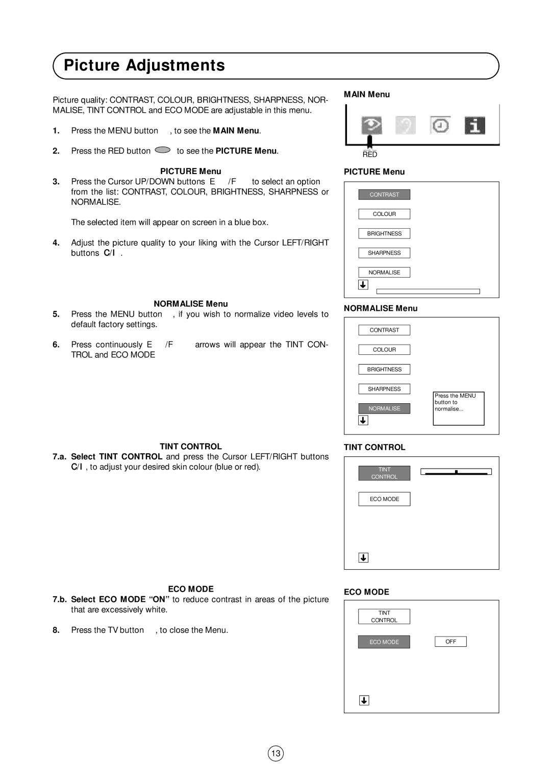 Sharp 54GS-61S operation manual Picture Adjustments, Picture Menu, Normalise Menu, Tint Control, ECO Mode 